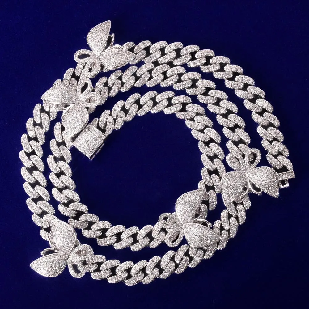 10mm  Cuban Link Necklace With Butterfly  AAAA Zircon Charm Chain