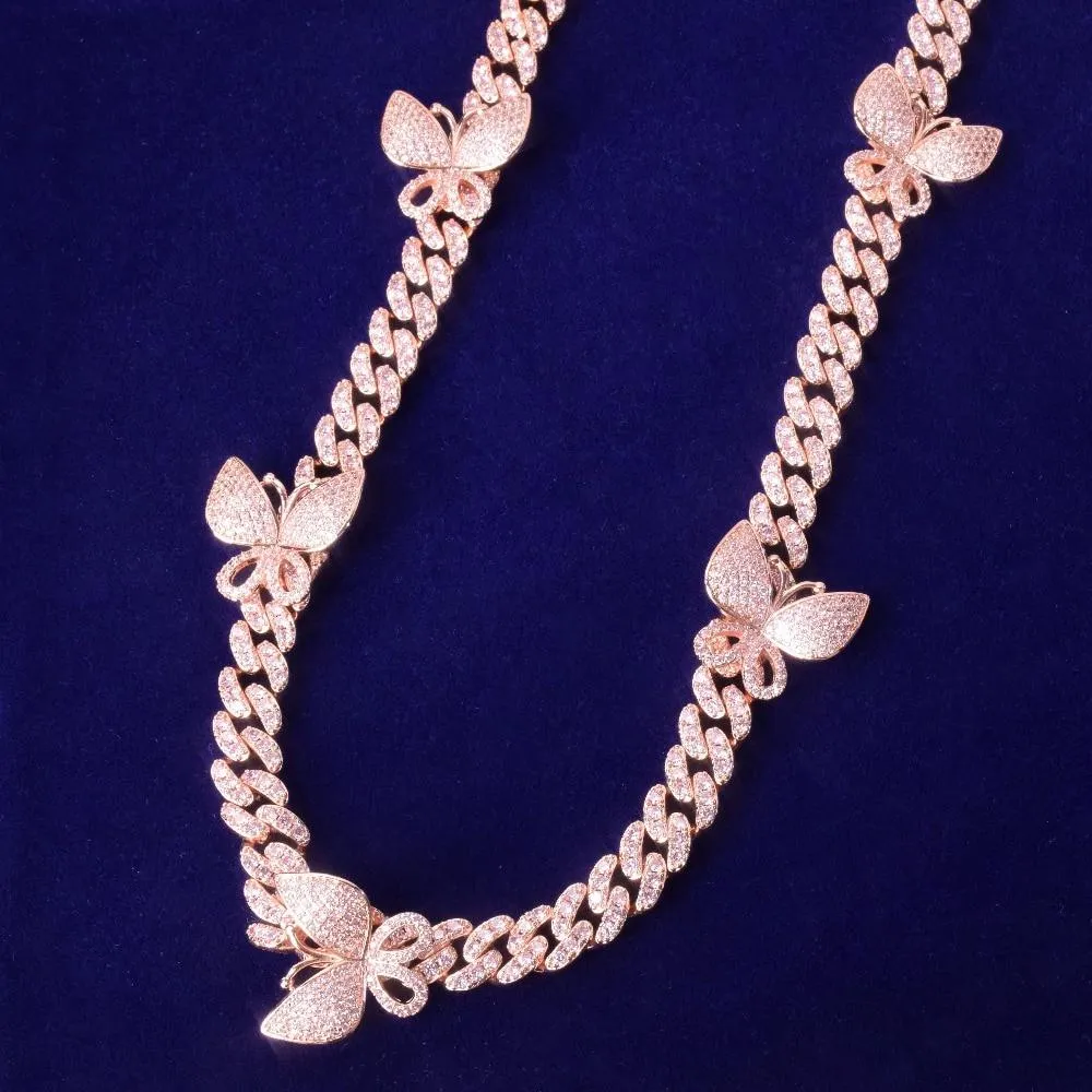 10mm  Cuban Link Necklace With Butterfly  AAAA Zircon Charm Chain