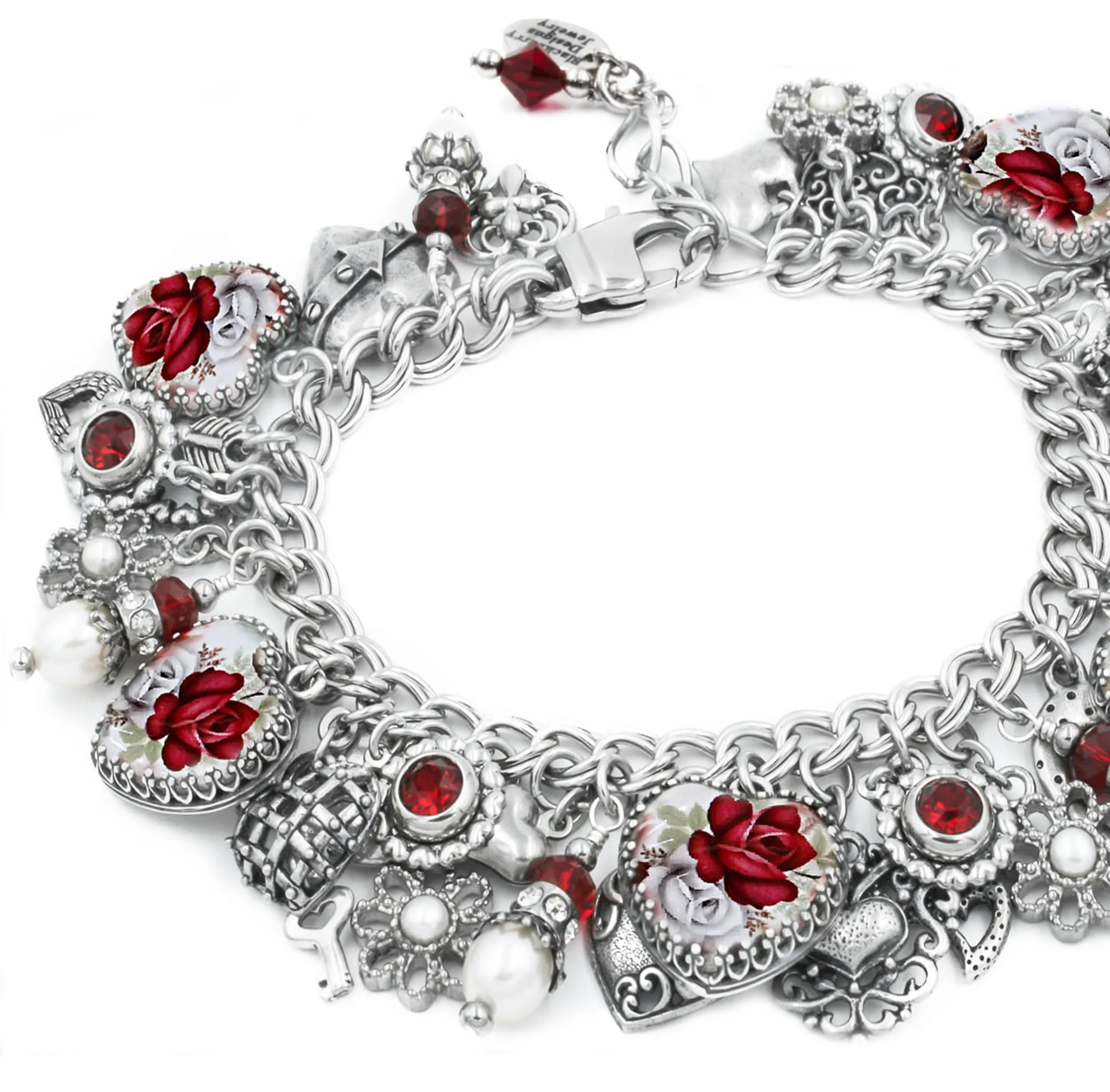 12 Red Rose Heart Bracelet with Pearls