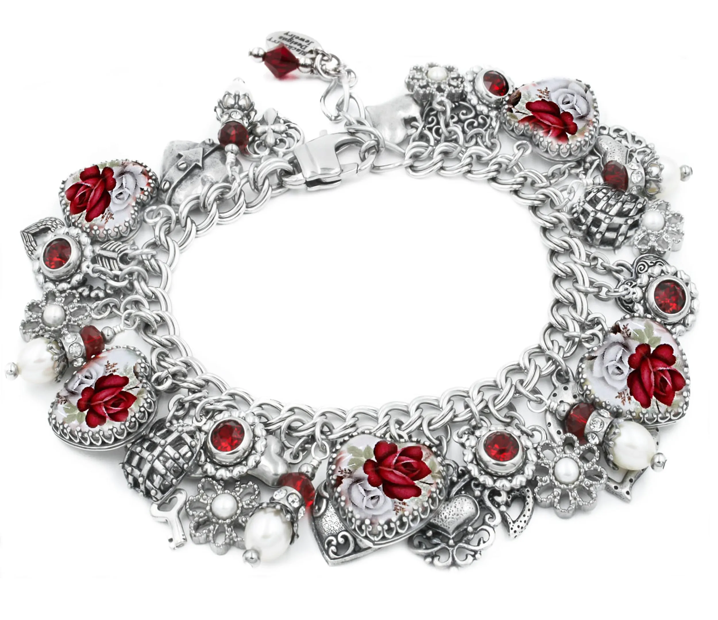 12 Red Rose Heart Bracelet with Pearls