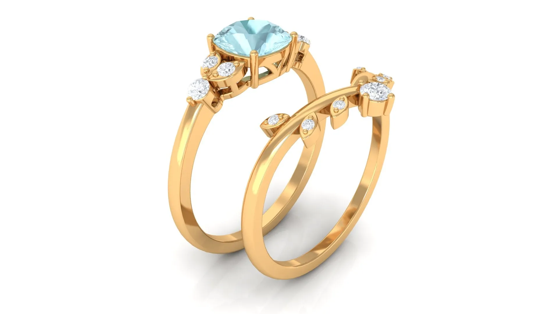 1.25 CT Sky Blue Topaz and Diamond Ring Set with Leaf Motif