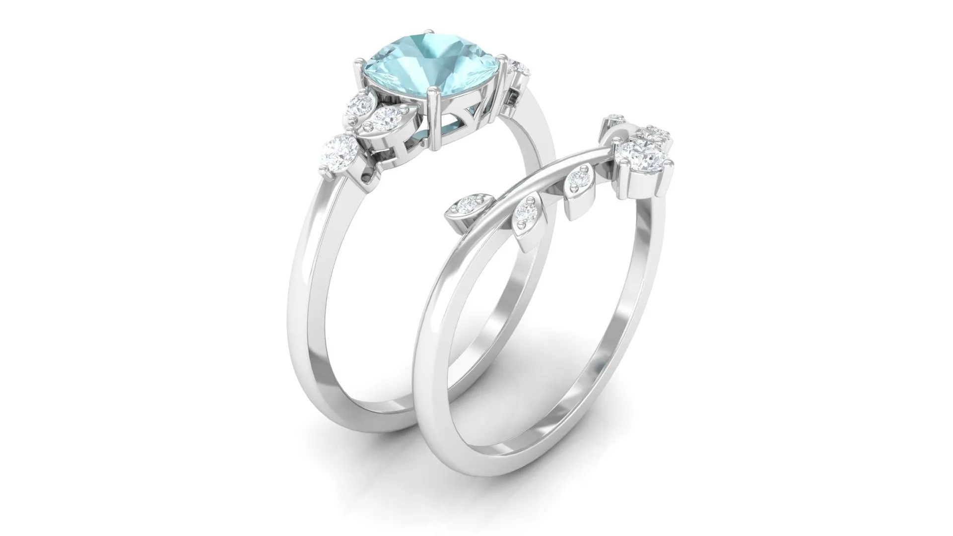 1.25 CT Sky Blue Topaz and Diamond Ring Set with Leaf Motif