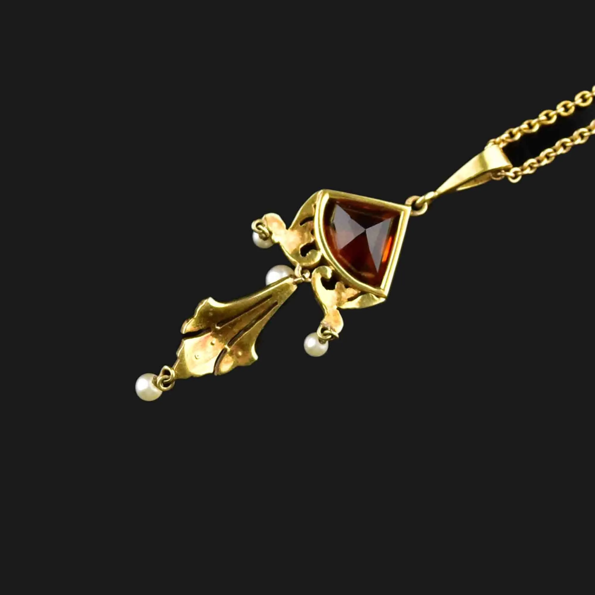 14K Gold Art Nouveau Madeira Citrine Pearl Lavaliere Necklace