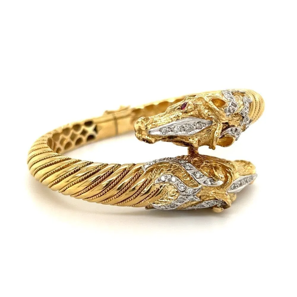 18K YG Double Horse Head Bypass Bracelet 80.6g, .80tcw Diamonds Regard Jewelry Austin, Texas