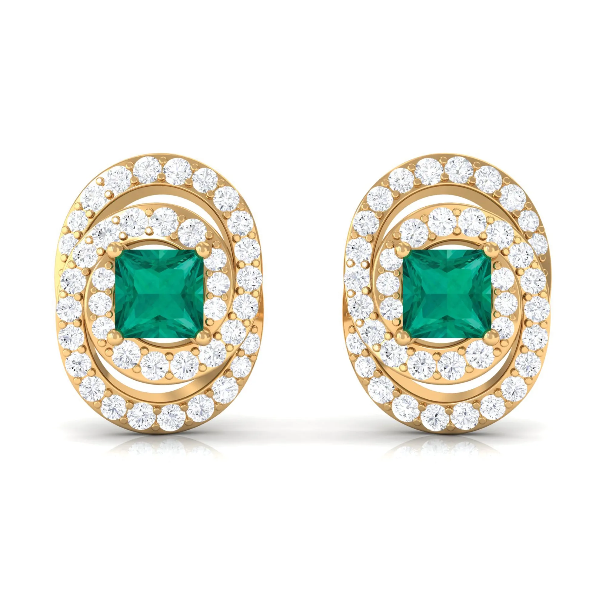 3/4 CT Princess Cut Emerald and Diamond Cocktail Stud Earrings