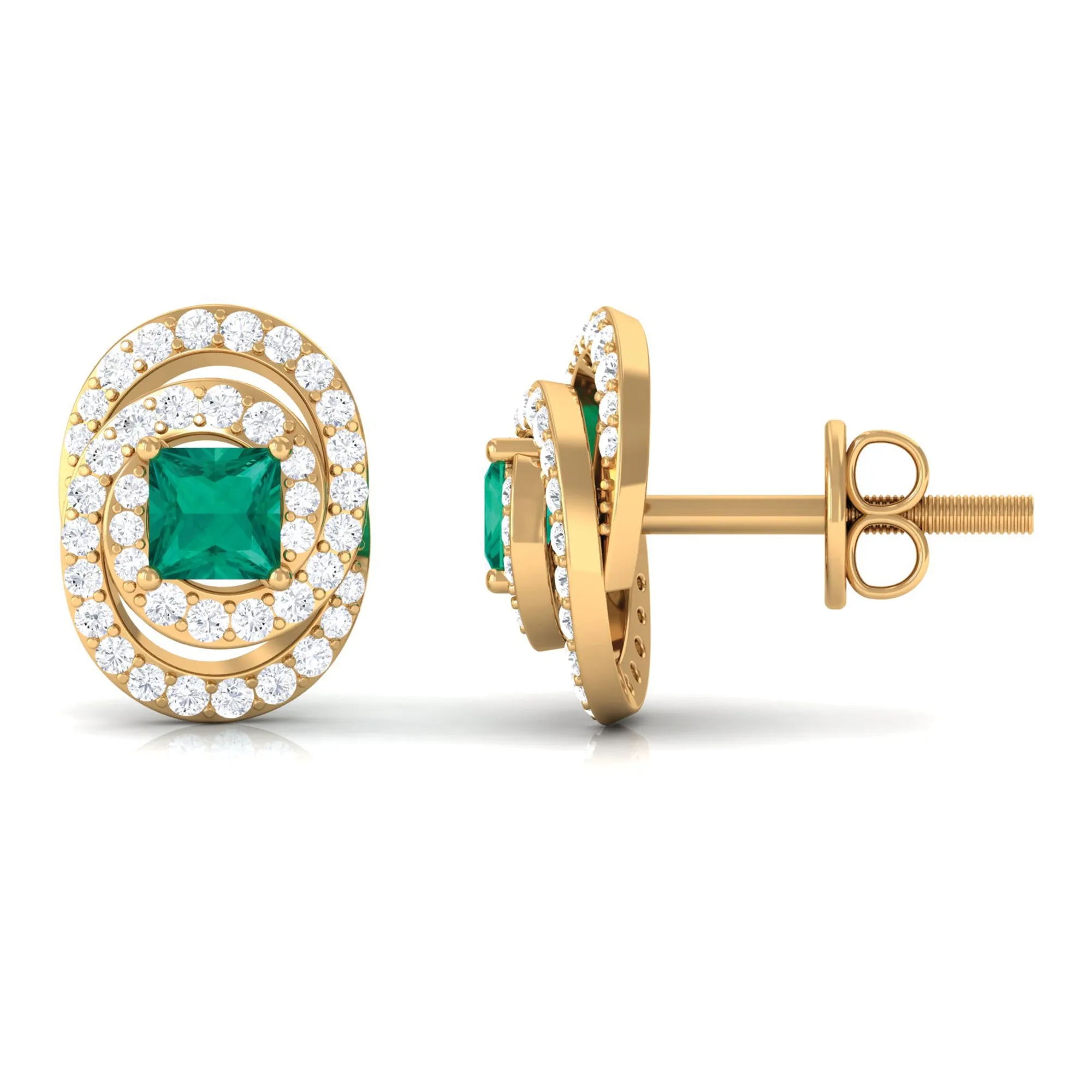 3/4 CT Princess Cut Emerald and Diamond Cocktail Stud Earrings