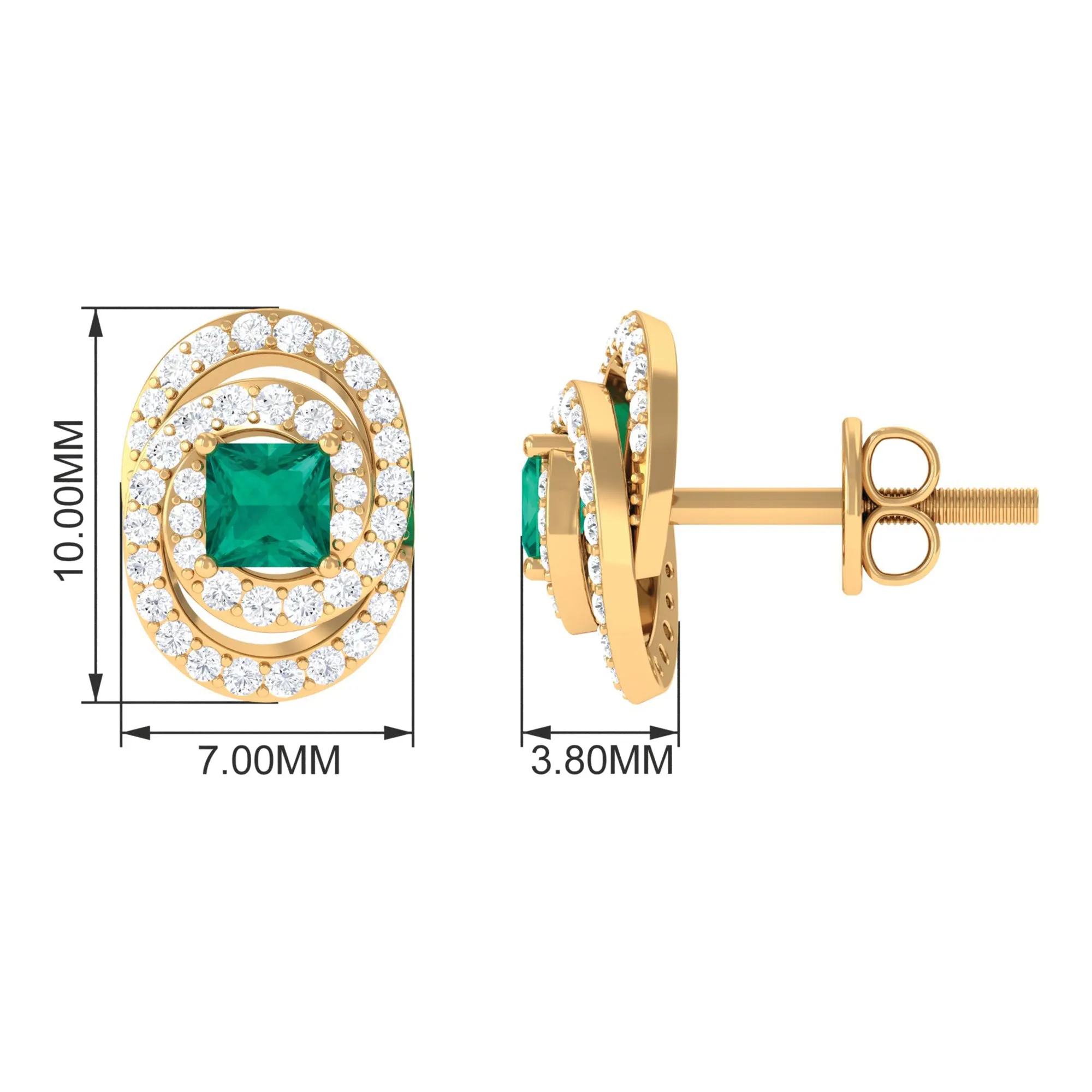 3/4 CT Princess Cut Emerald and Diamond Cocktail Stud Earrings