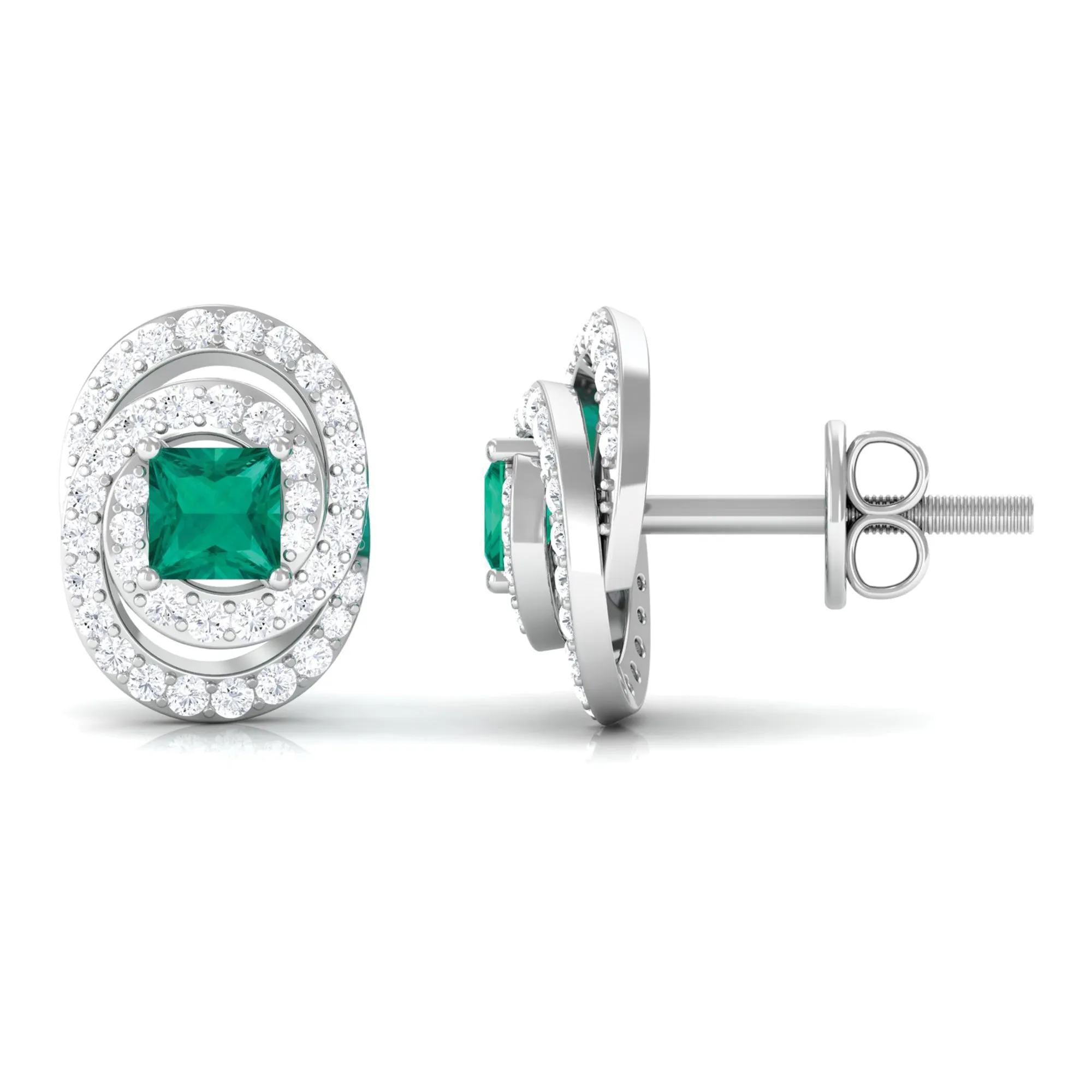3/4 CT Princess Cut Emerald and Diamond Cocktail Stud Earrings