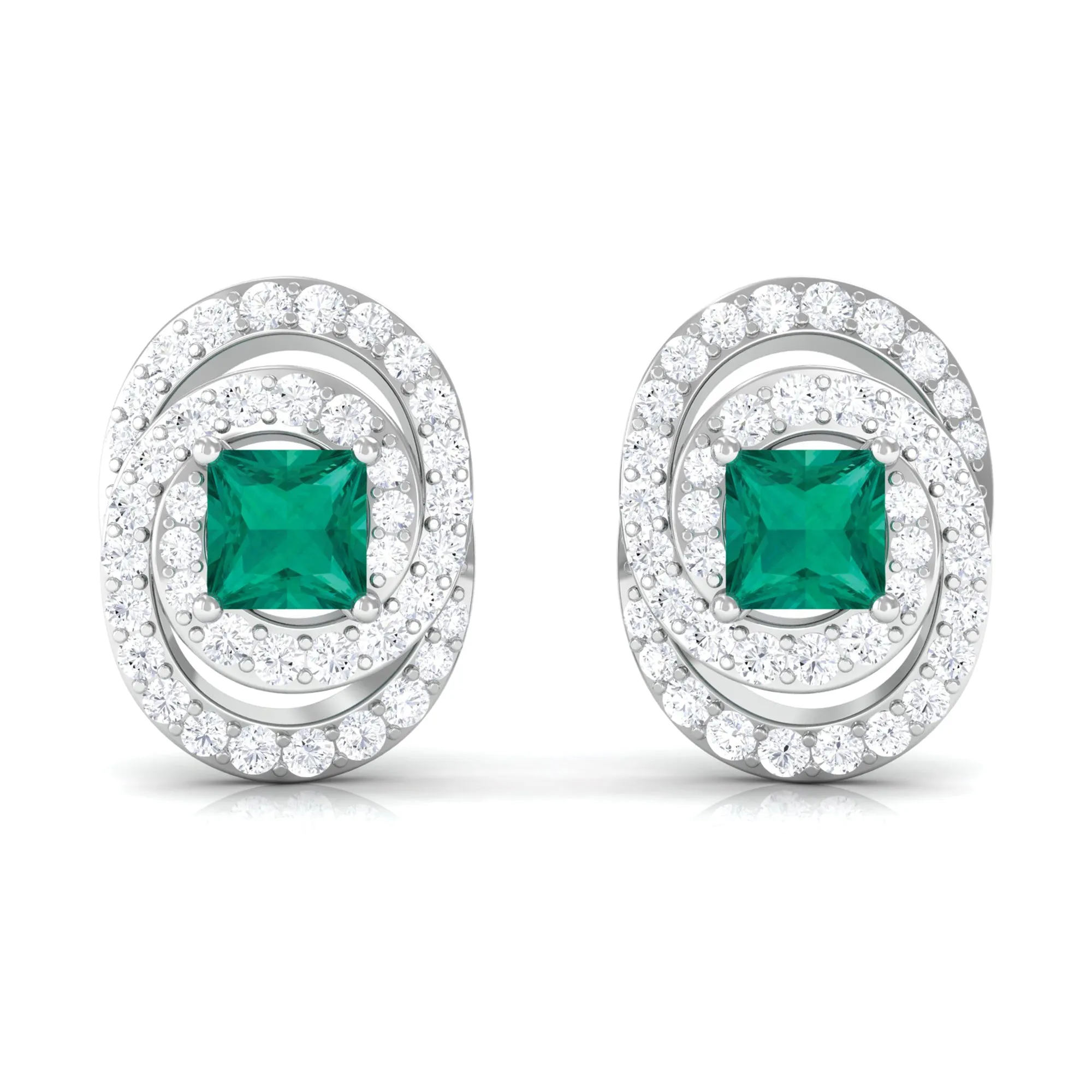 3/4 CT Princess Cut Emerald and Diamond Cocktail Stud Earrings