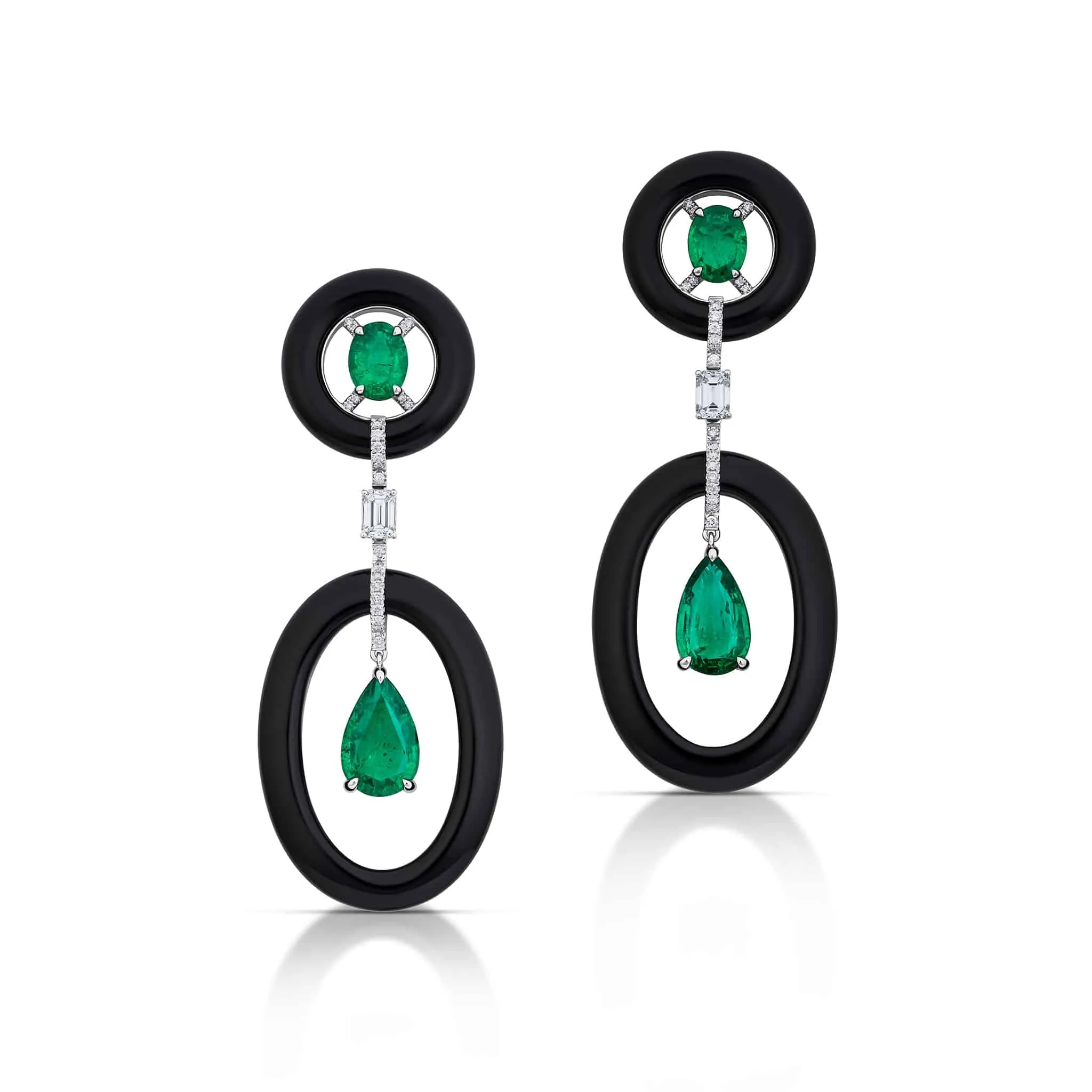 47.32 Carat Black Onyx, Emerald, and Diamond Earrings