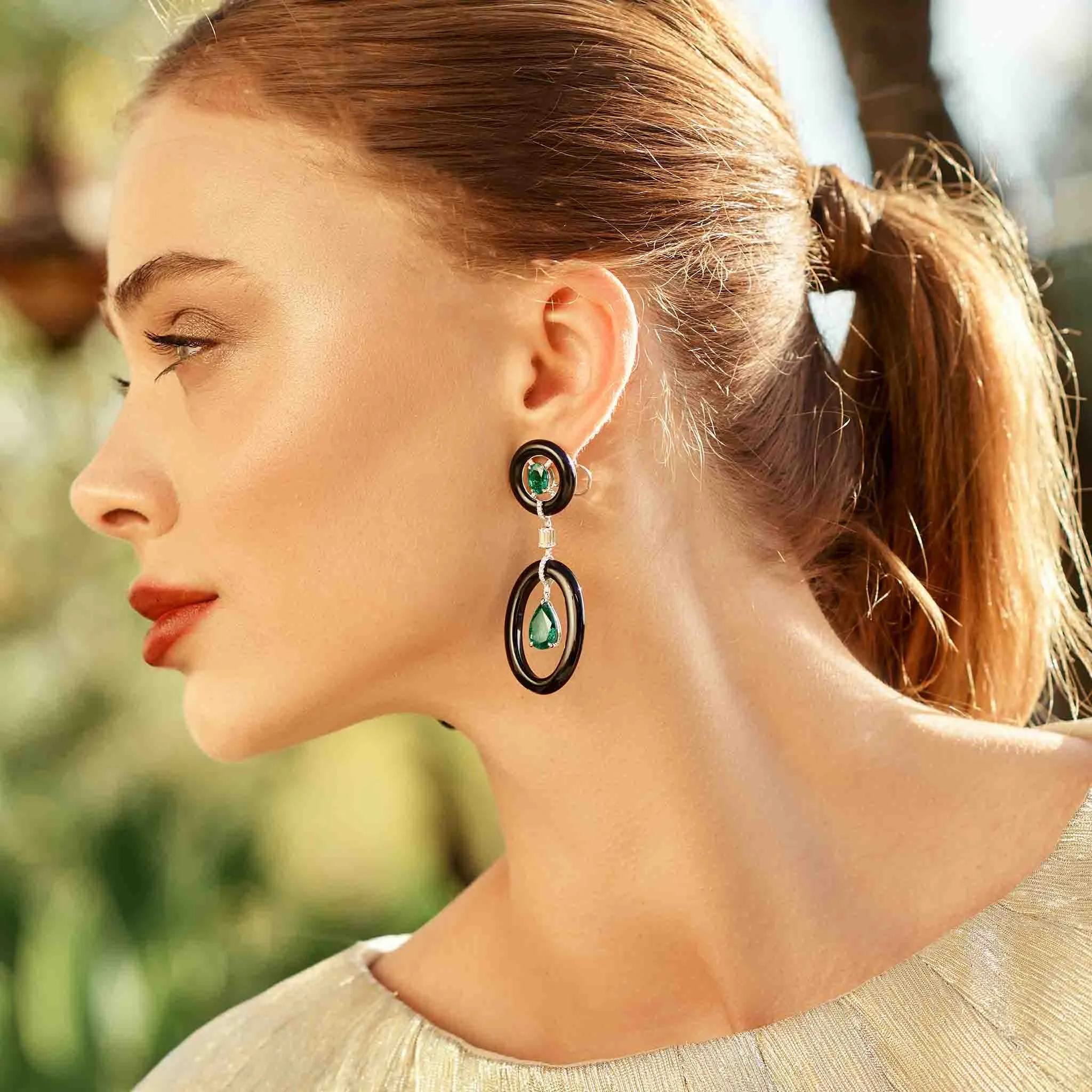 47.32 Carat Black Onyx, Emerald, and Diamond Earrings