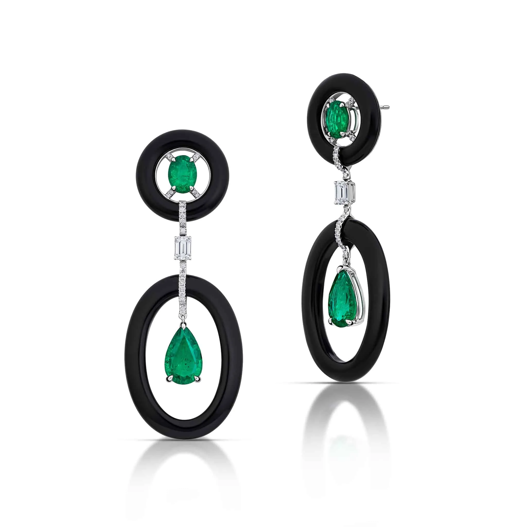 47.32 Carat Black Onyx, Emerald, and Diamond Earrings