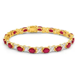 9ct Yellow Gold Created Ruby   Diamond 19CM Bracelet