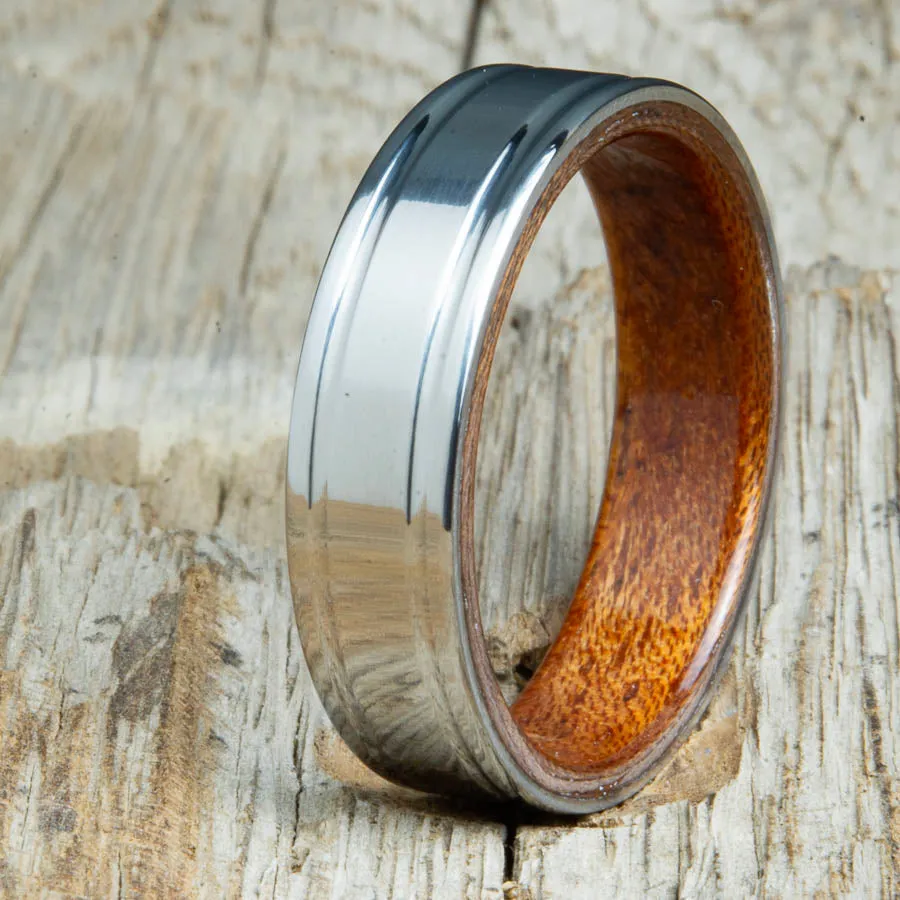 Acacia bentwood ring with polished 6mm double groove titanium