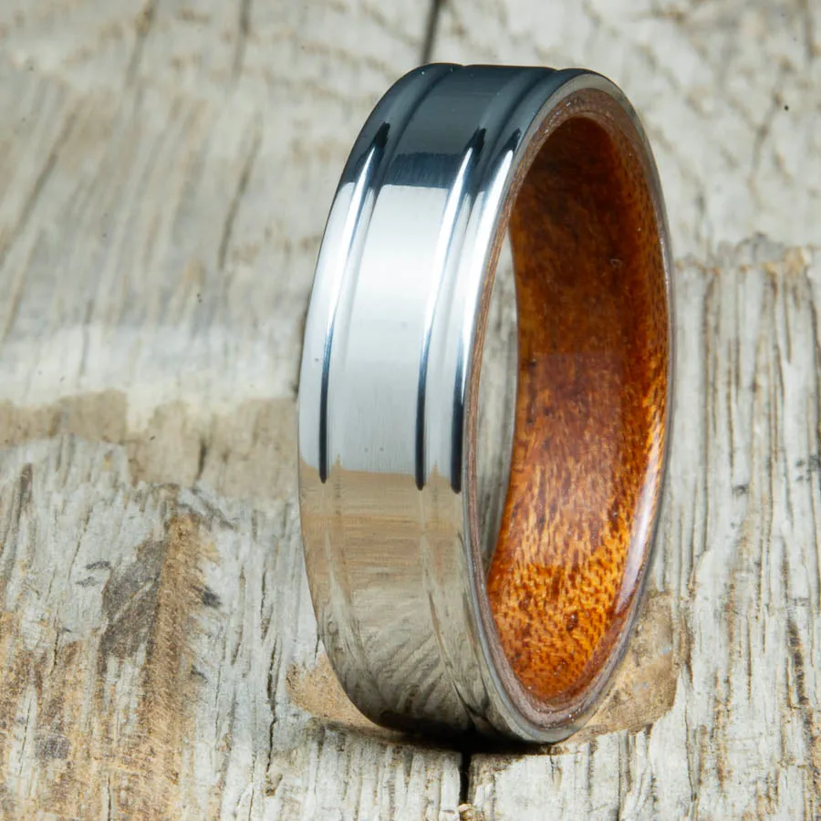 Acacia bentwood ring with polished 6mm double groove titanium