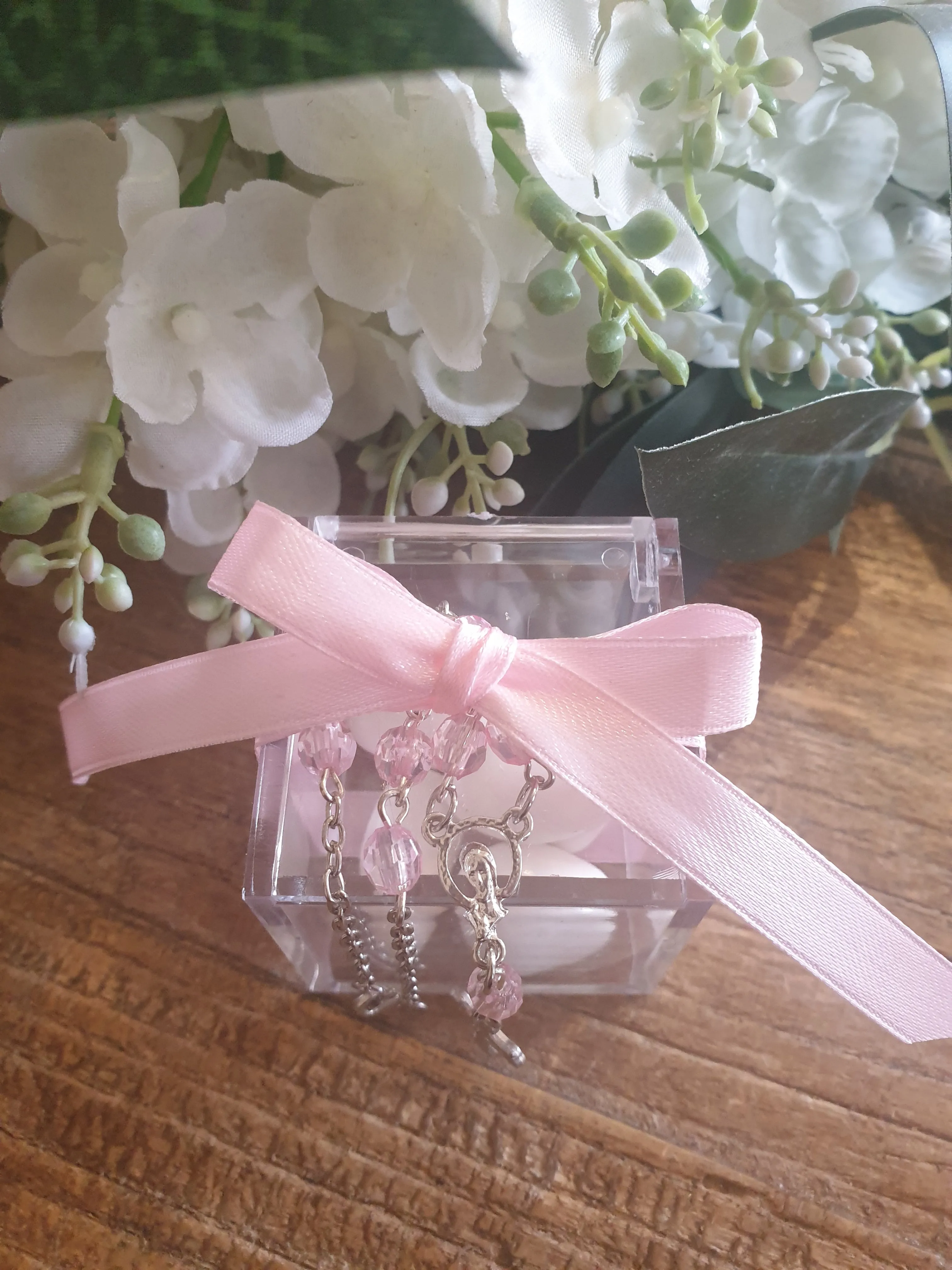 Acrylic Box with Pink Beaded Bracelet Rosary