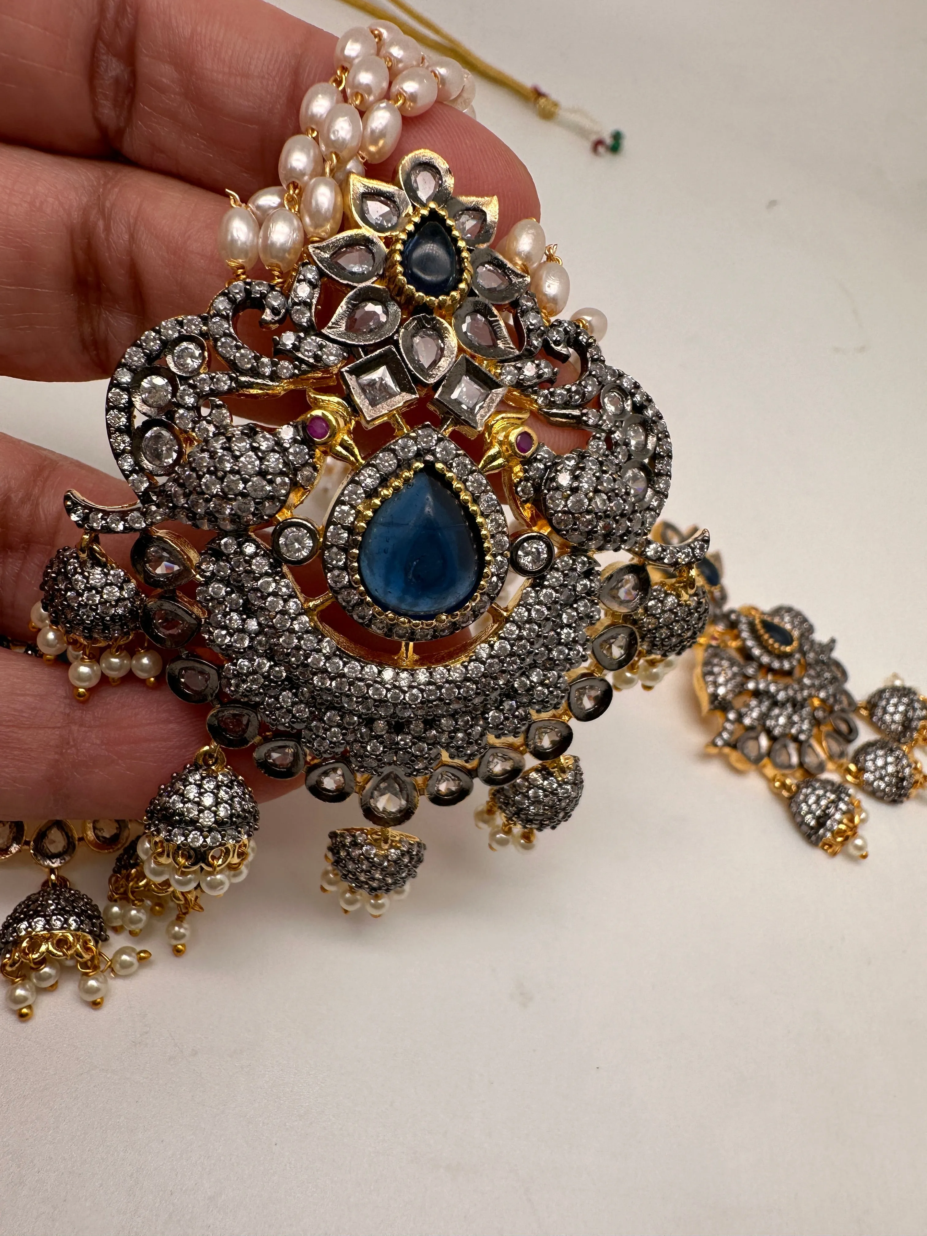 AD Blue Stone Pendent Rice Pearl Mala