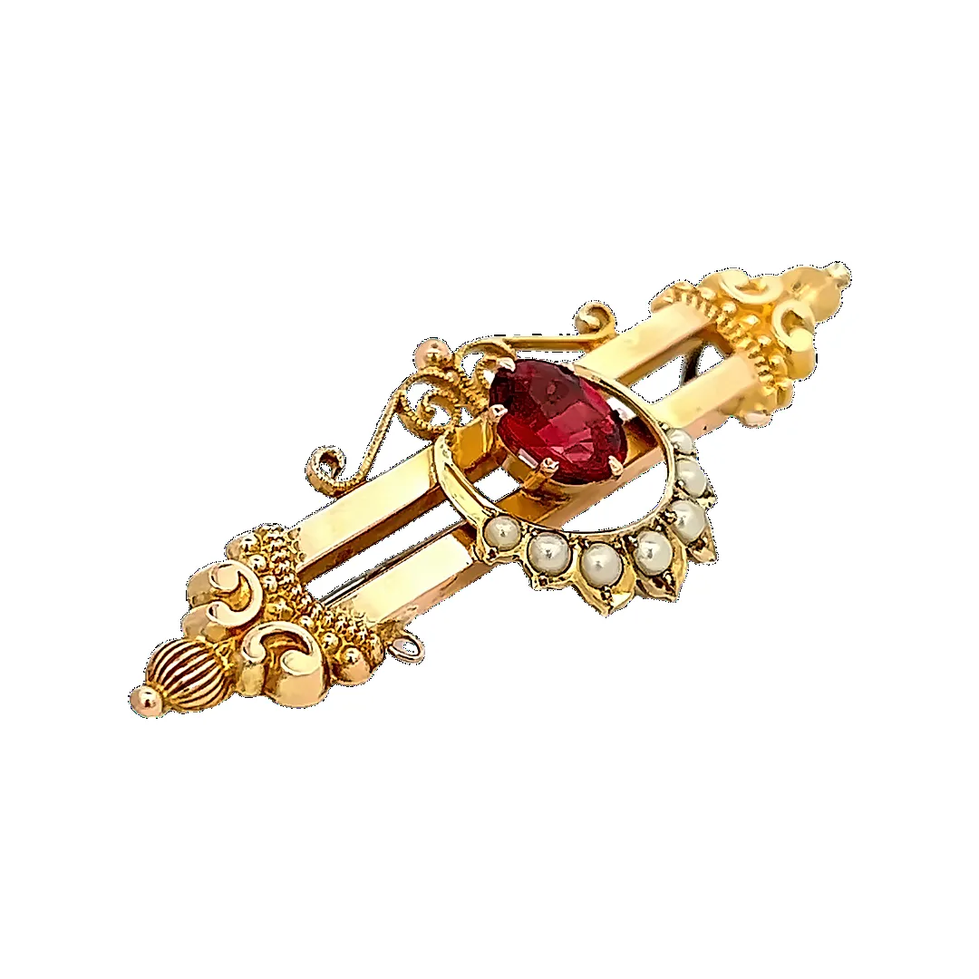 Antique 9ct Yellow Gold 8 stone Garnet and Seed Pearl Brooch