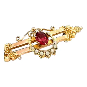 Antique 9ct Yellow Gold 8 stone Garnet and Seed Pearl Brooch