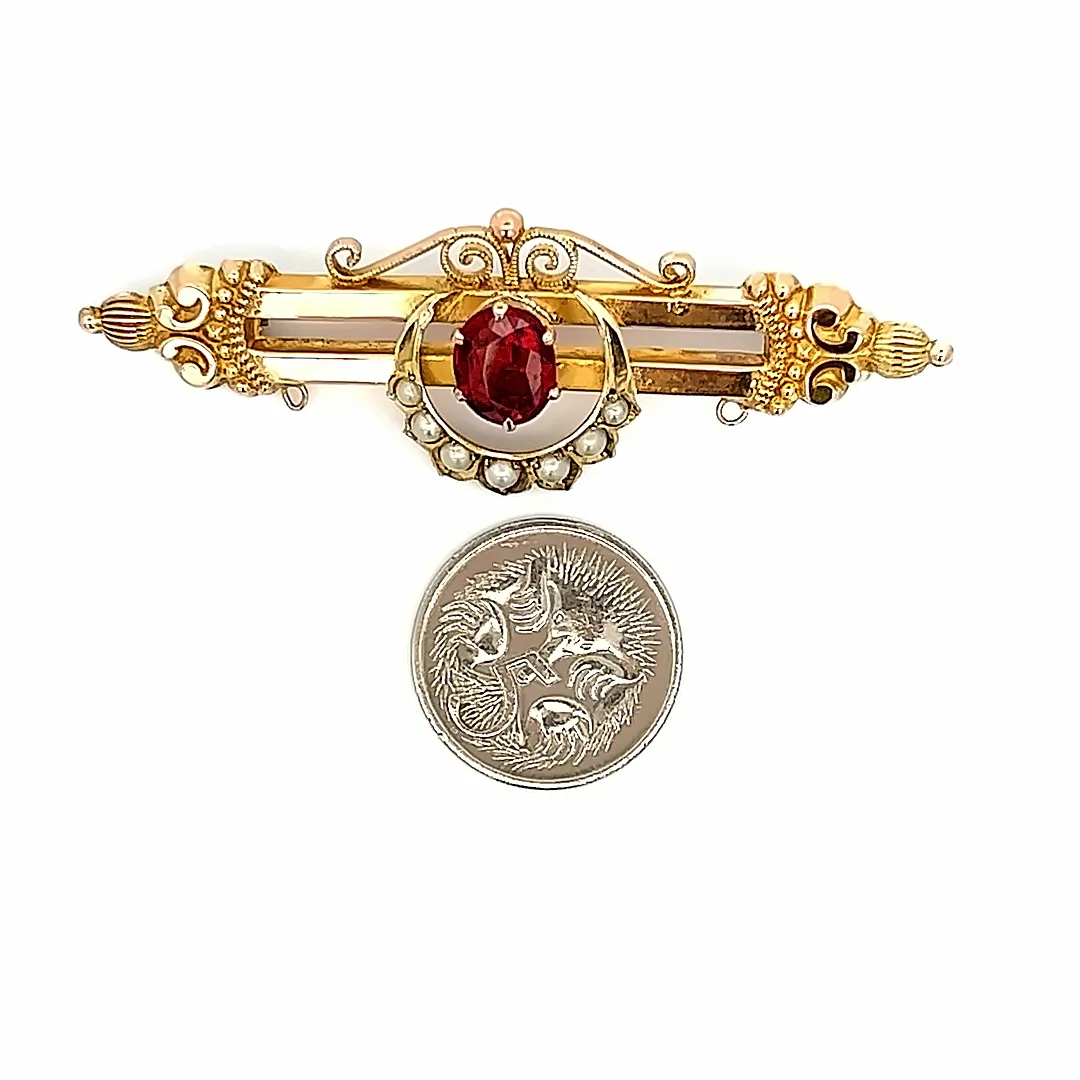 Antique 9ct Yellow Gold 8 stone Garnet and Seed Pearl Brooch