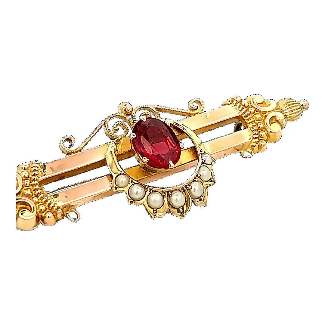 Antique 9ct Yellow Gold 8 stone Garnet and Seed Pearl Brooch