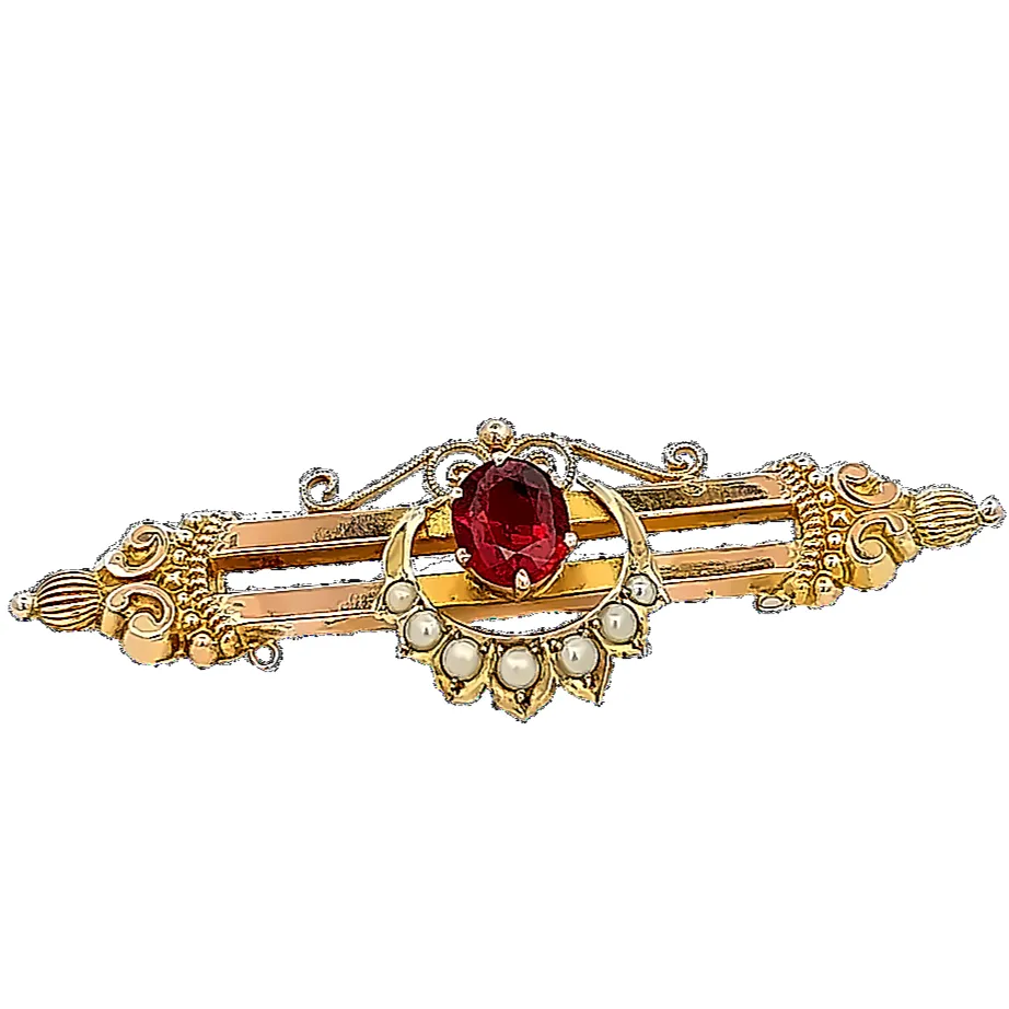 Antique 9ct Yellow Gold 8 stone Garnet and Seed Pearl Brooch