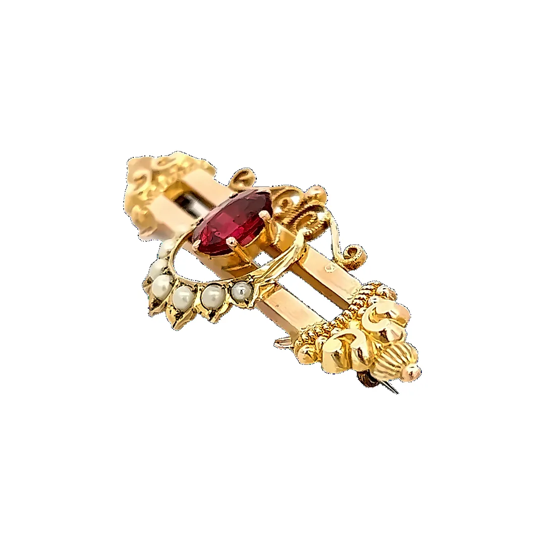 Antique 9ct Yellow Gold 8 stone Garnet and Seed Pearl Brooch