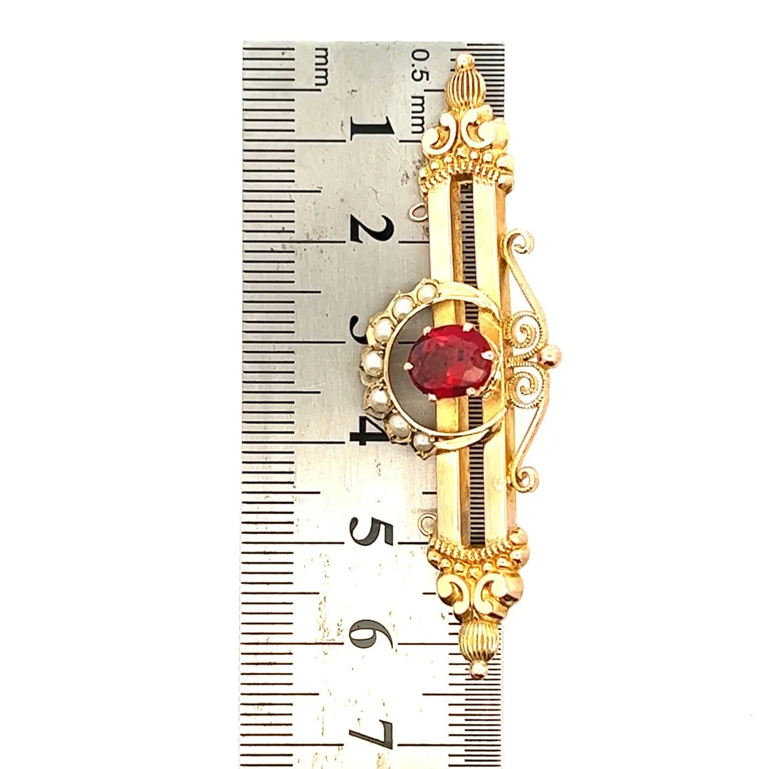 Antique 9ct Yellow Gold 8 stone Garnet and Seed Pearl Brooch