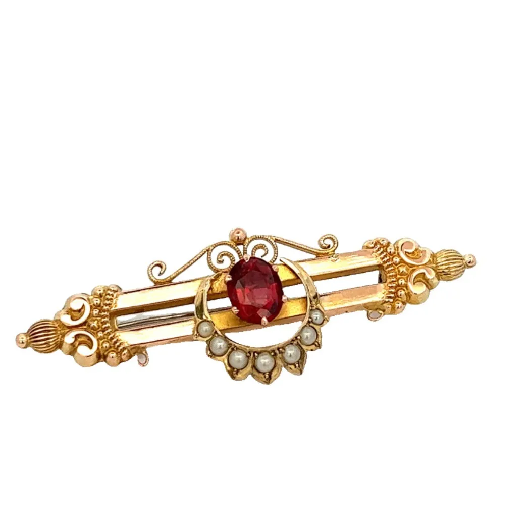 Antique 9ct Yellow Gold 8 stone Garnet and Seed Pearl Brooch