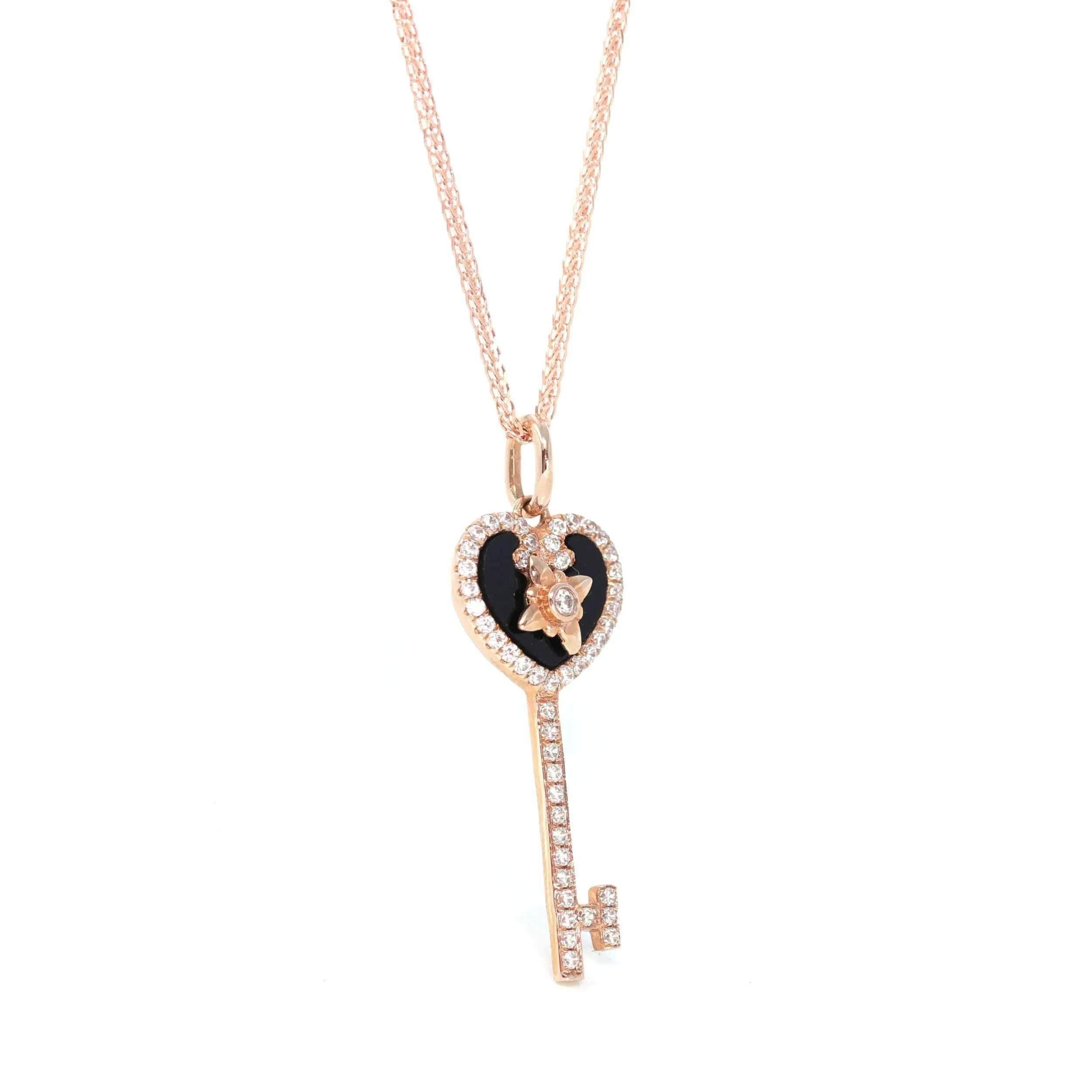 Baikalla™ 18k Rose Gold Black Jade Heart Key Necklace With CZ