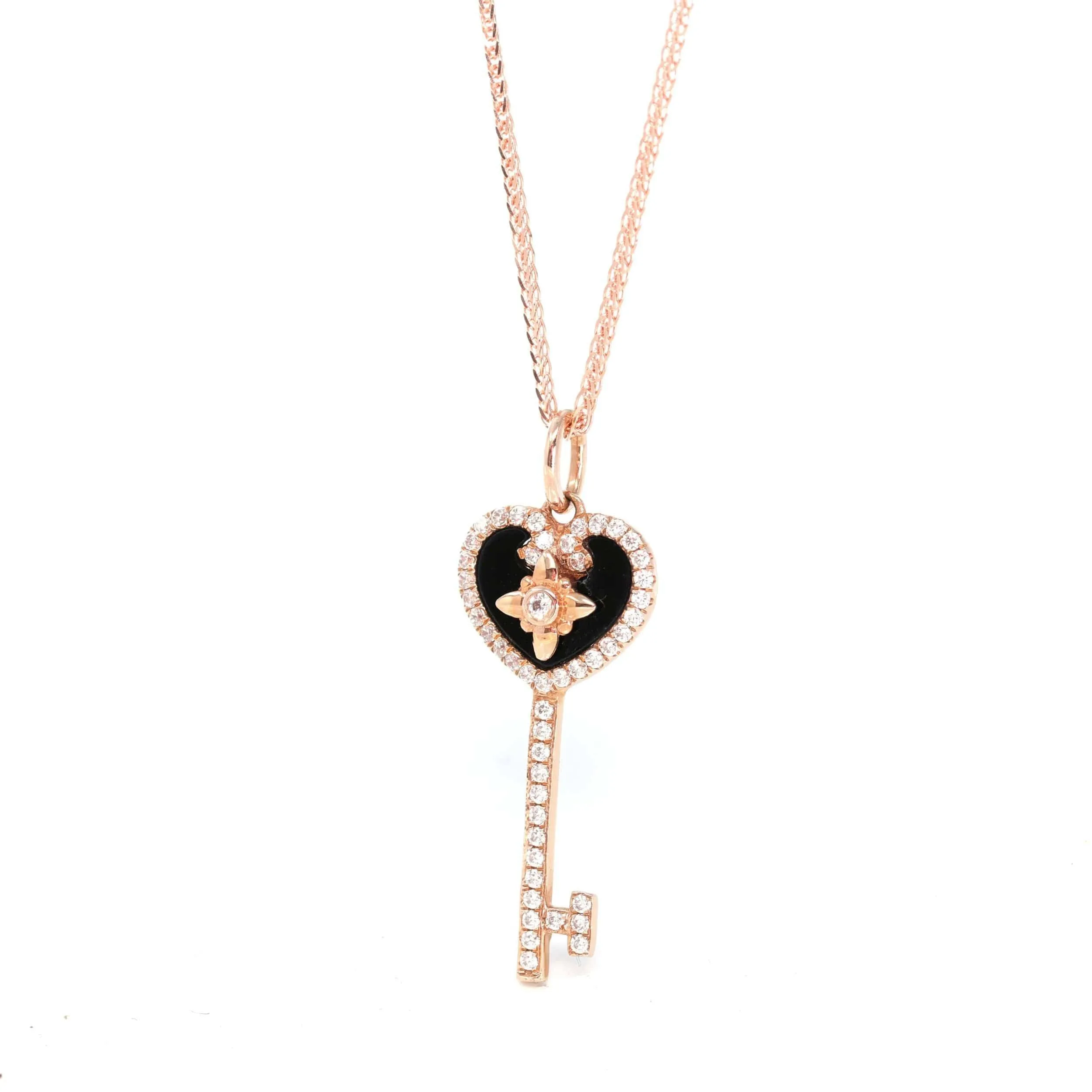 Baikalla™ 18k Rose Gold Black Jade Heart Key Necklace With CZ