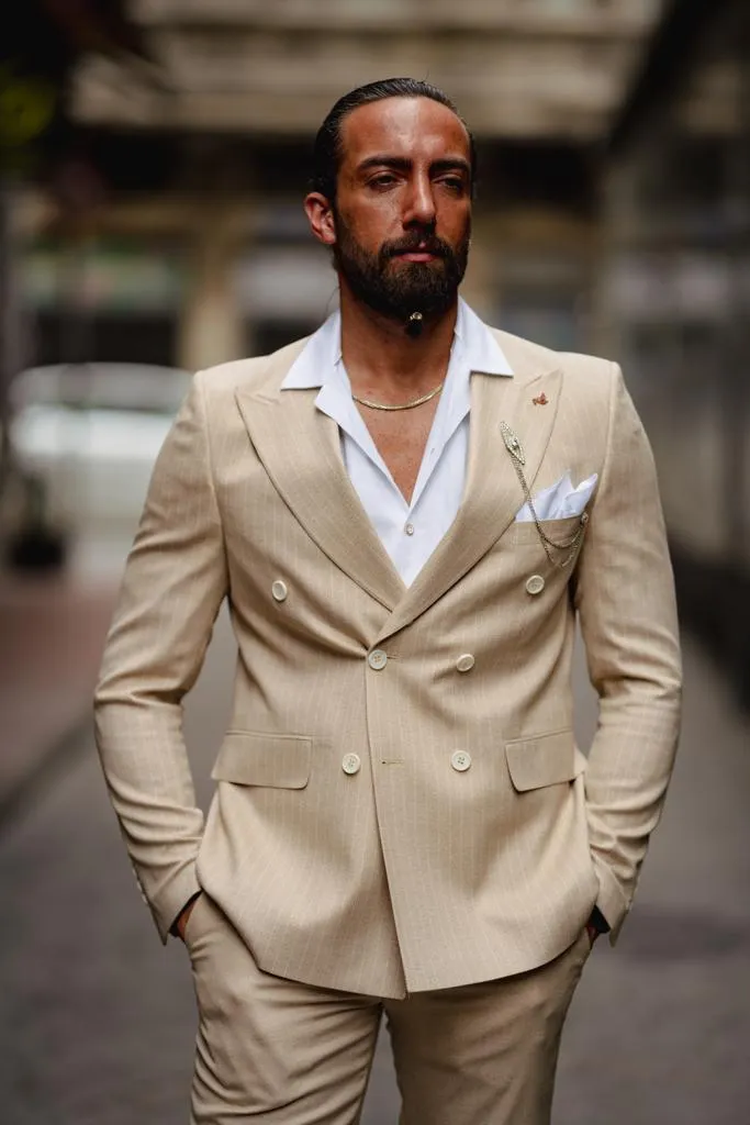 Beige Slim Fit Pinstripe Groom Wedding Suit for men by GentWith