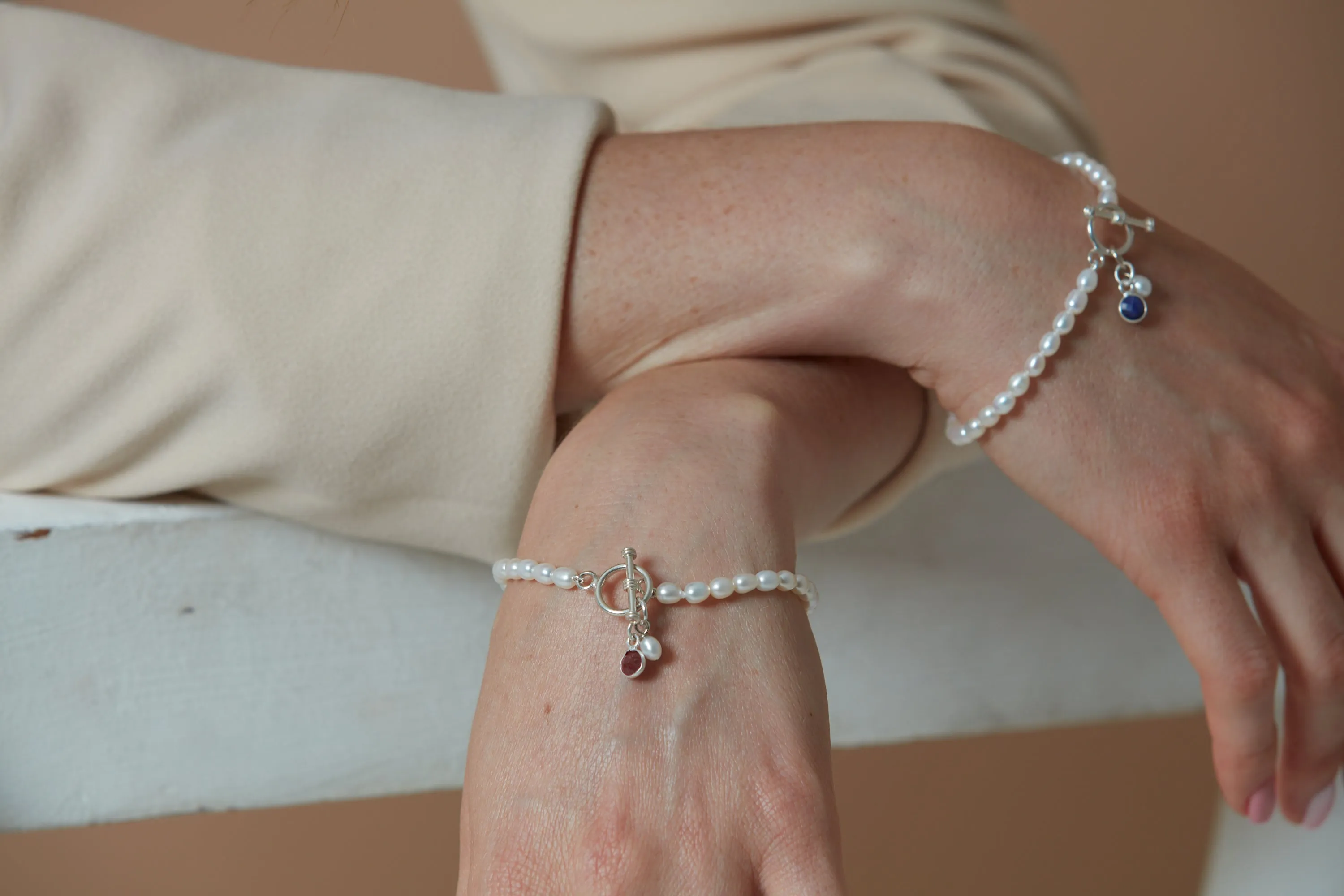 Clara cultured freshwater pearl bracelet with ruby pendant