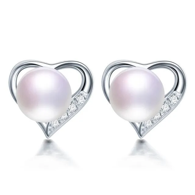 Classic Heart Natural Pearl Earrings 925 Sterling Silver