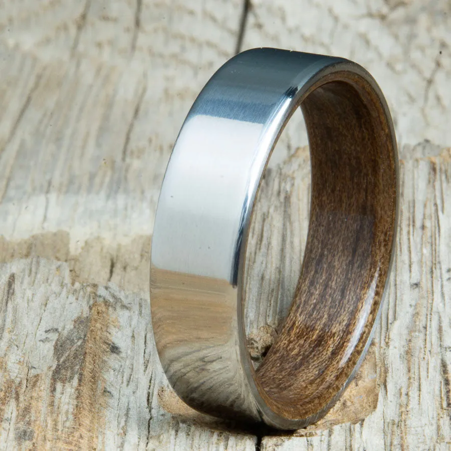 Classic titanium wood lined ring with Walnut wood