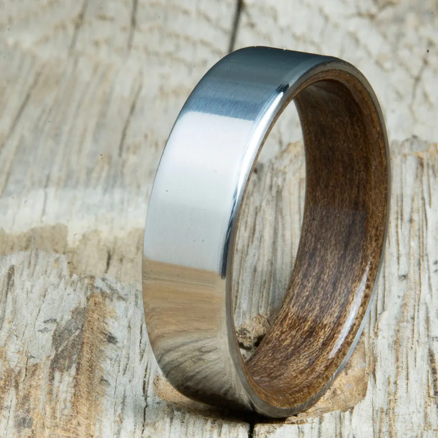Classic titanium wood lined ring with Walnut wood