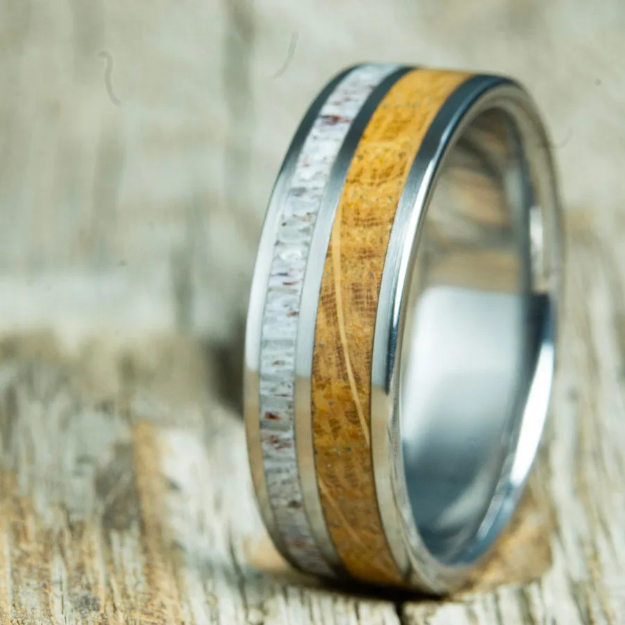 Custom Antler ring with Whiskey barrel wood