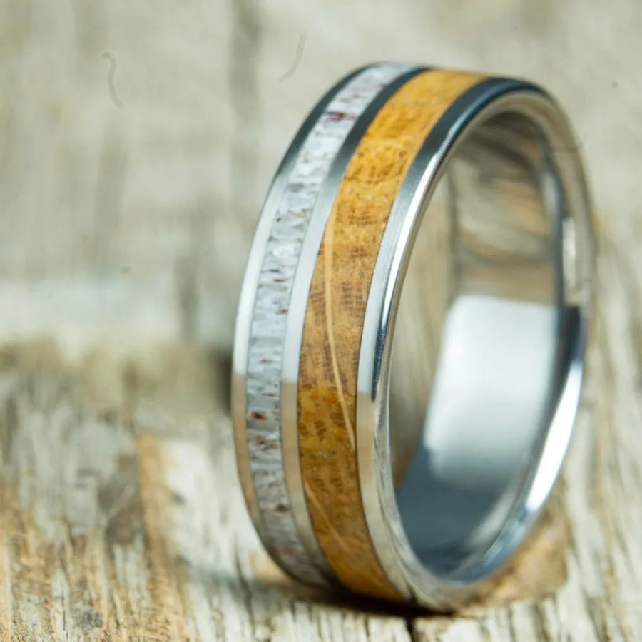 Custom Antler ring with Whiskey barrel wood