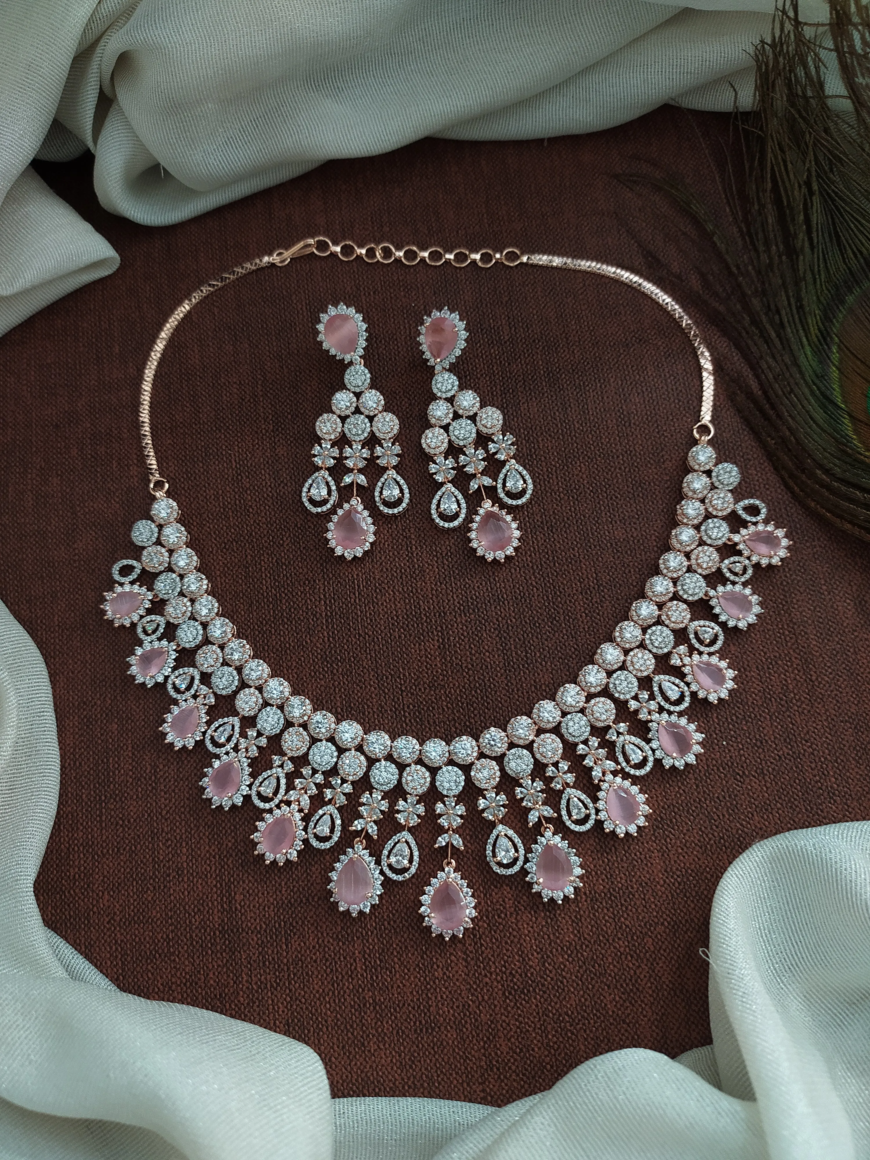 Elegance in Pastels: Rose-Gold Diamond Look Zircon Necklace Set