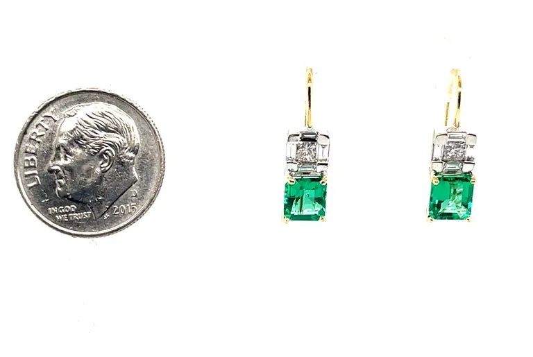Emerald and Diamond Drop Earrings in 18k White and Yellow Gold, 1.39 Carats