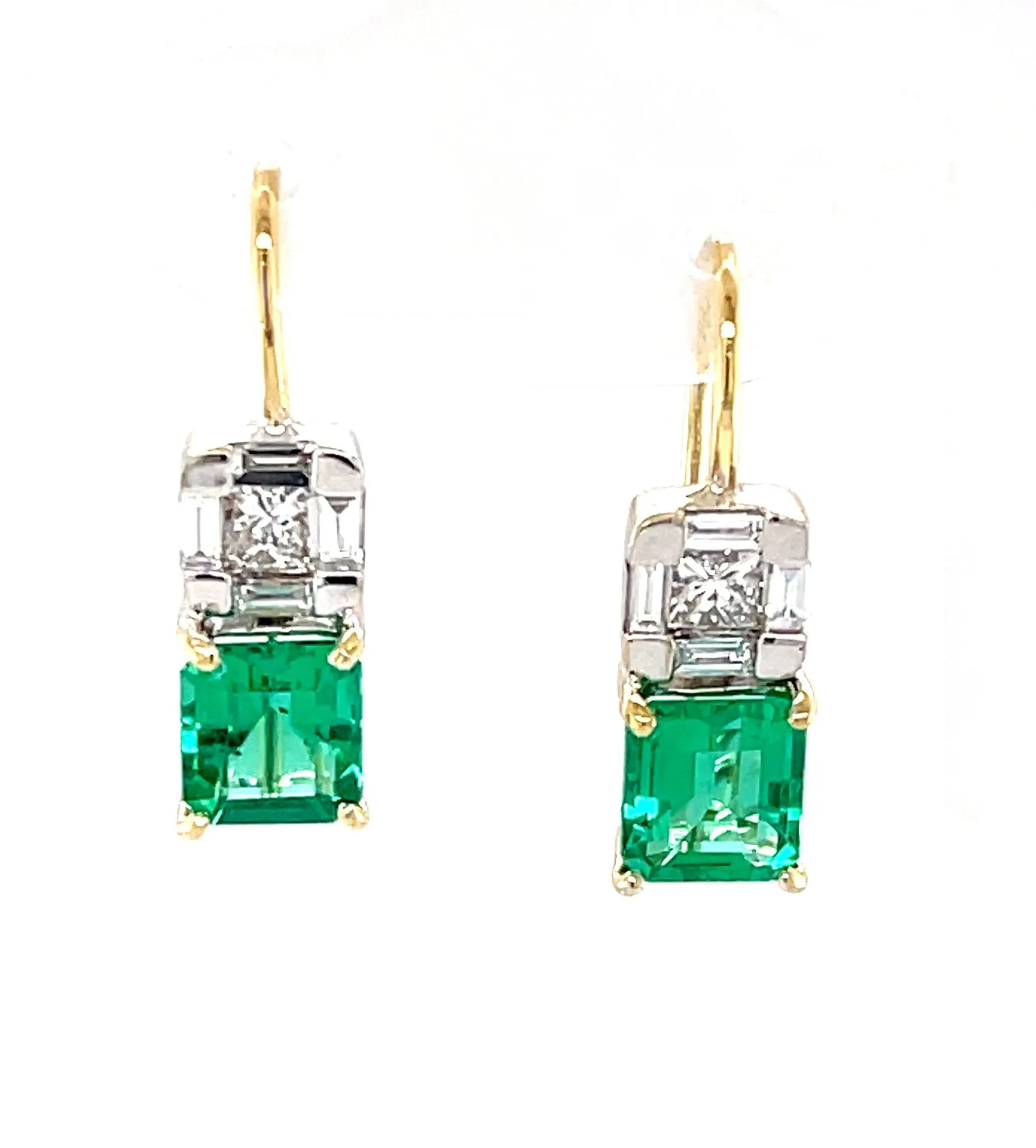 Emerald and Diamond Drop Earrings in 18k White and Yellow Gold, 1.39 Carats