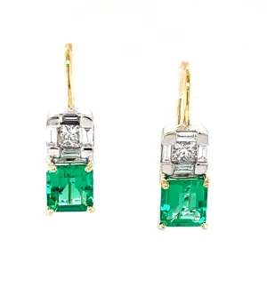 Emerald and Diamond Drop Earrings in 18k White and Yellow Gold, 1.39 Carats