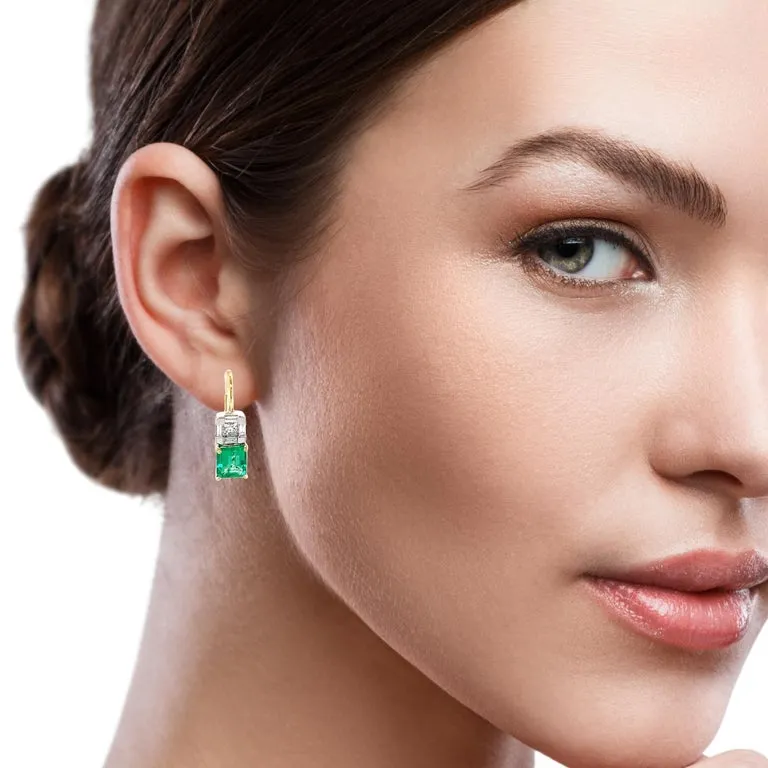 Emerald and Diamond Drop Earrings in 18k White and Yellow Gold, 1.39 Carats