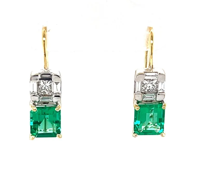 Emerald and Diamond Drop Earrings in 18k White and Yellow Gold, 1.39 Carats