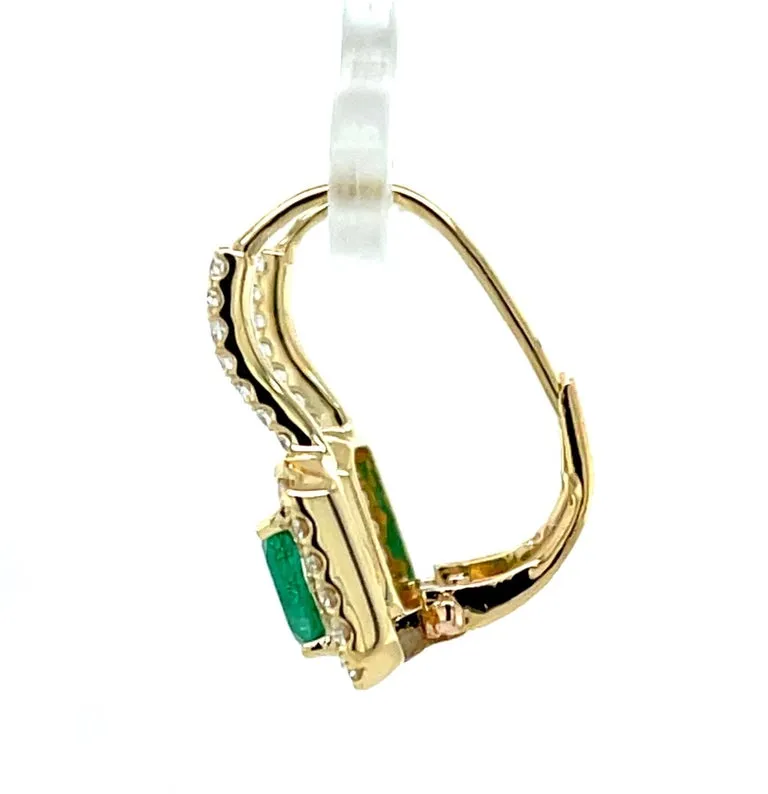 Emerald and Diamond Halo Drop Earrings in 14k Yellow Gold, .98 Carat Total