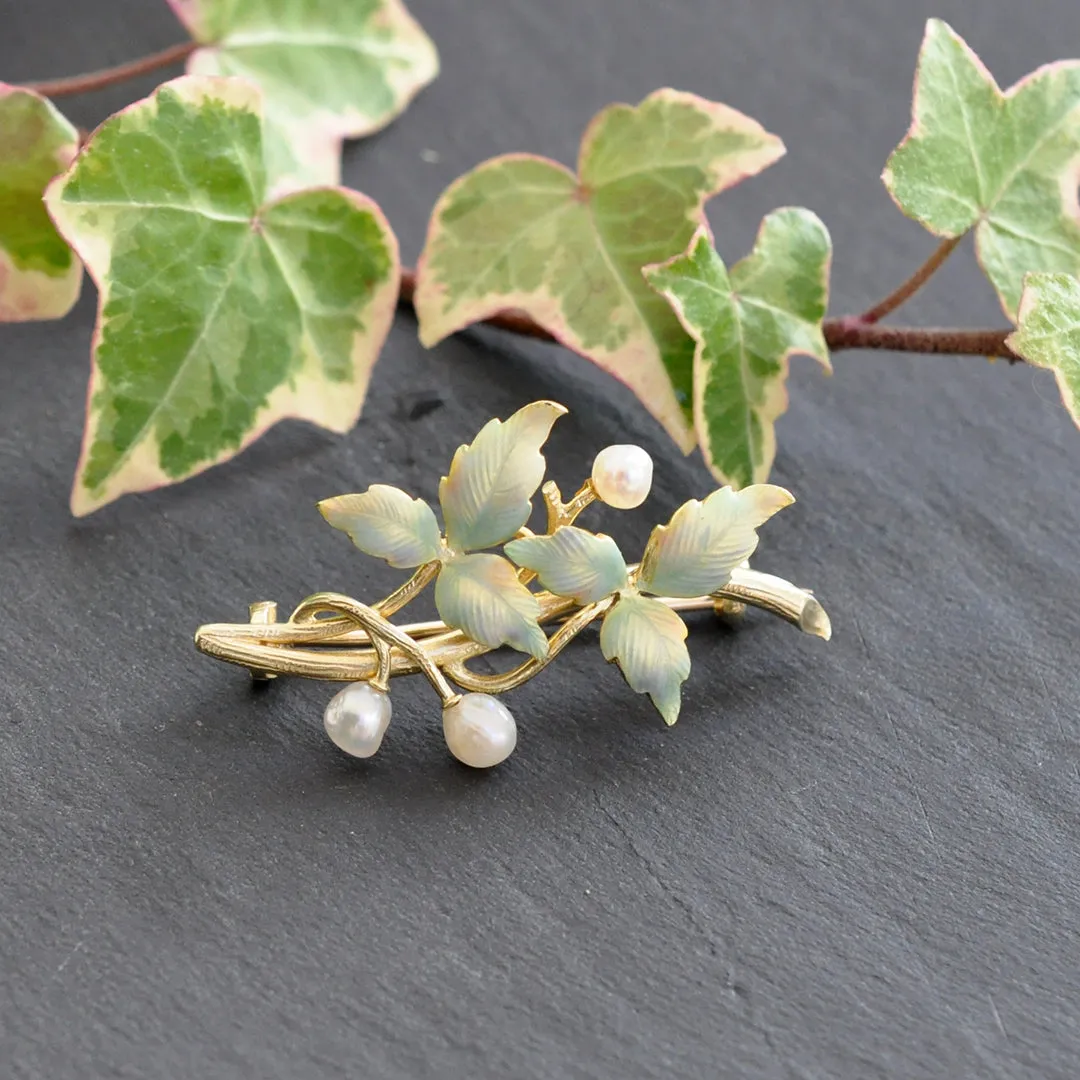 Enamel Leaf Pearl Brooch