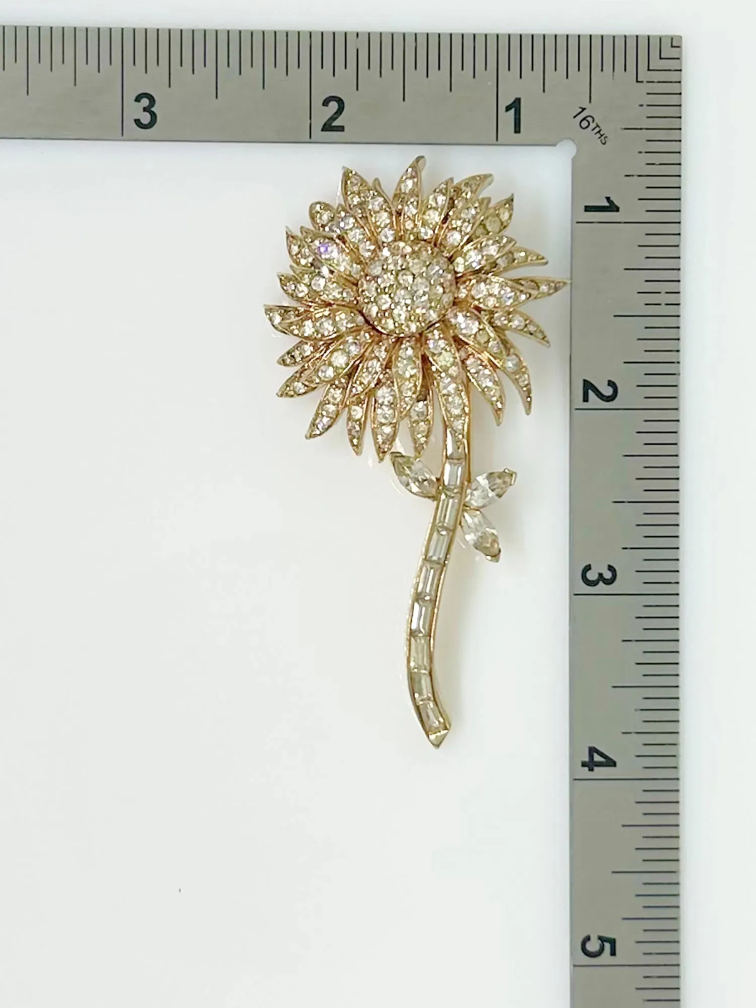 Extraordinary Signed Vintage Floral Clear Rhinestone Brooch