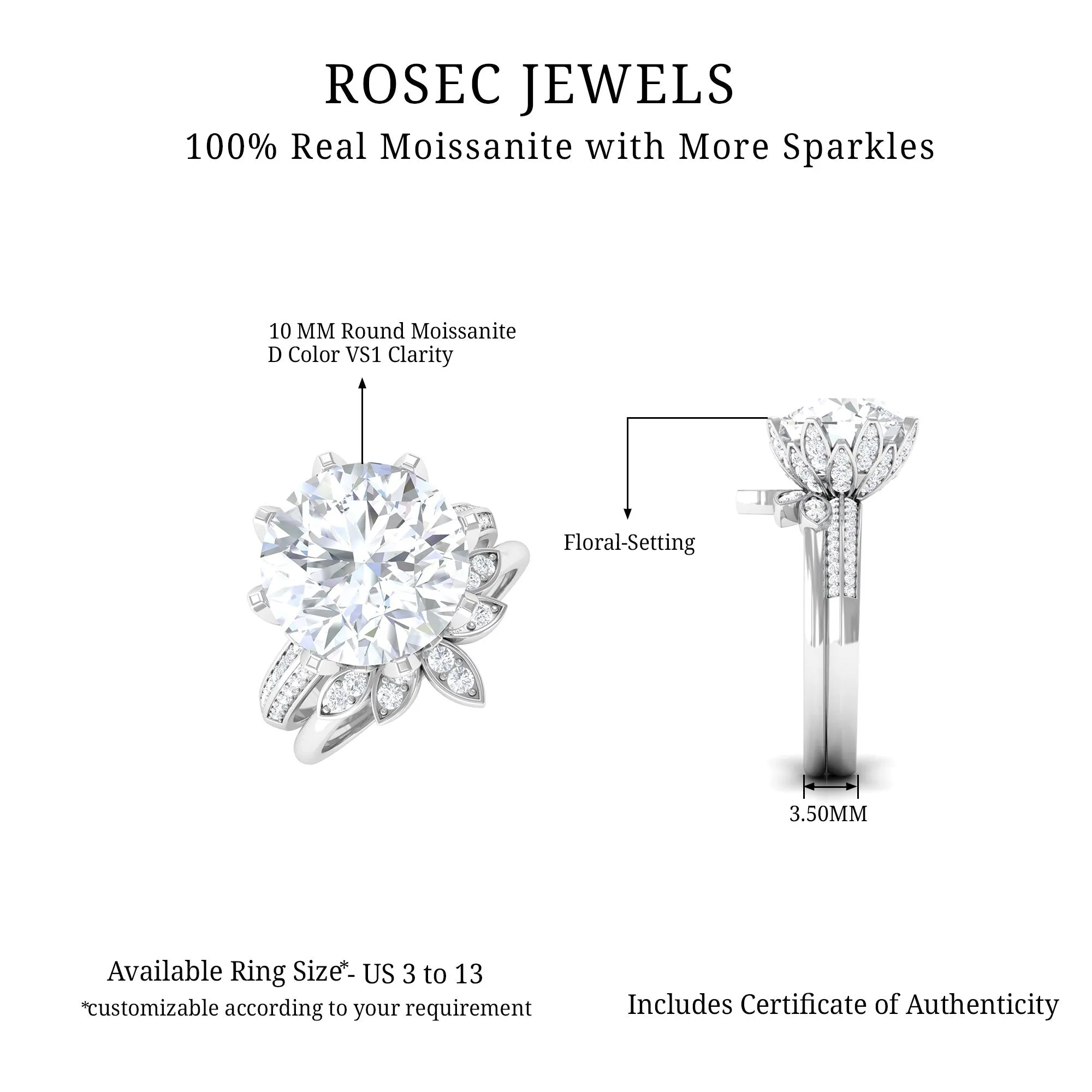 Floral Inspired Certified Moissanite Solitaire Engagement Ring Set