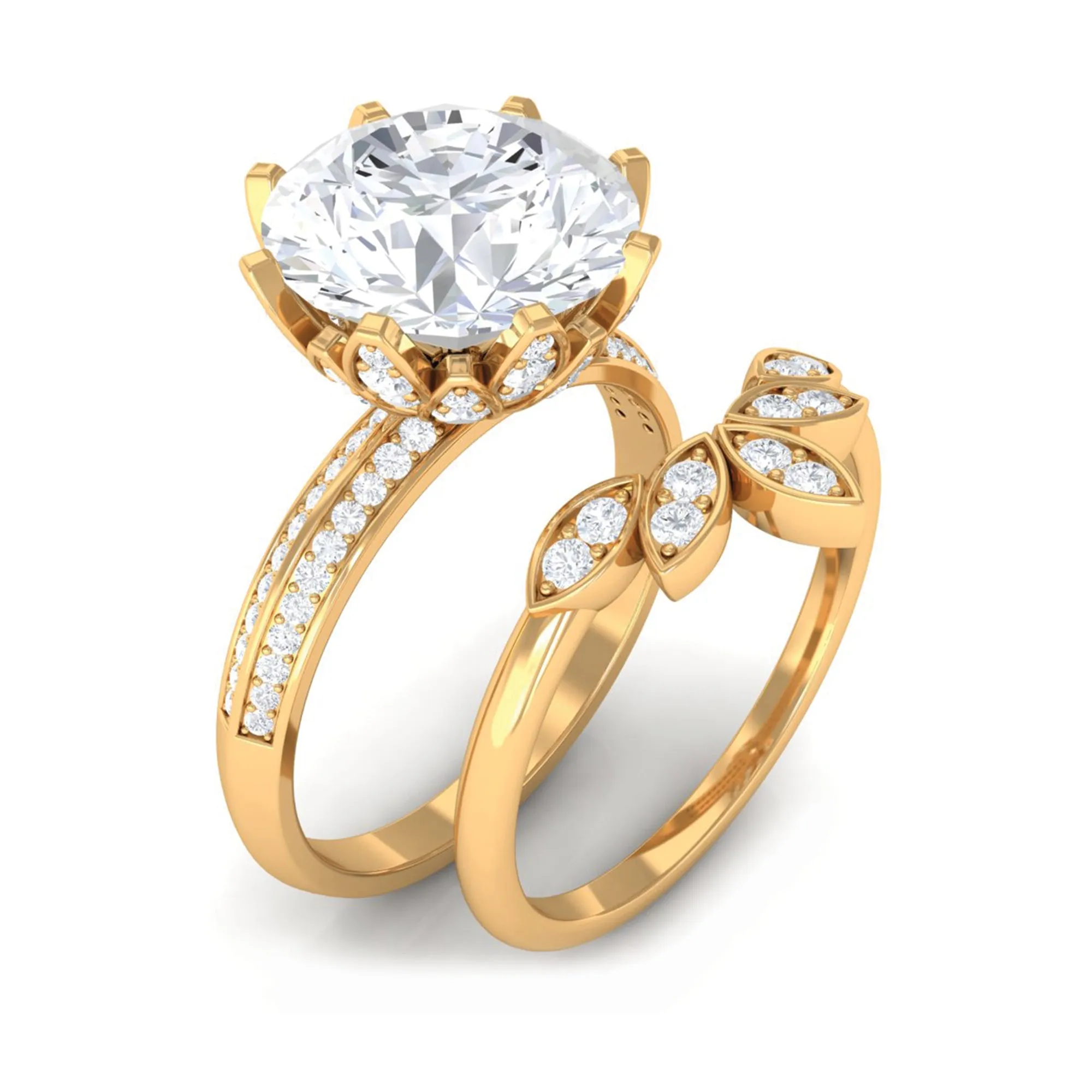 Floral Inspired Certified Moissanite Solitaire Engagement Ring Set