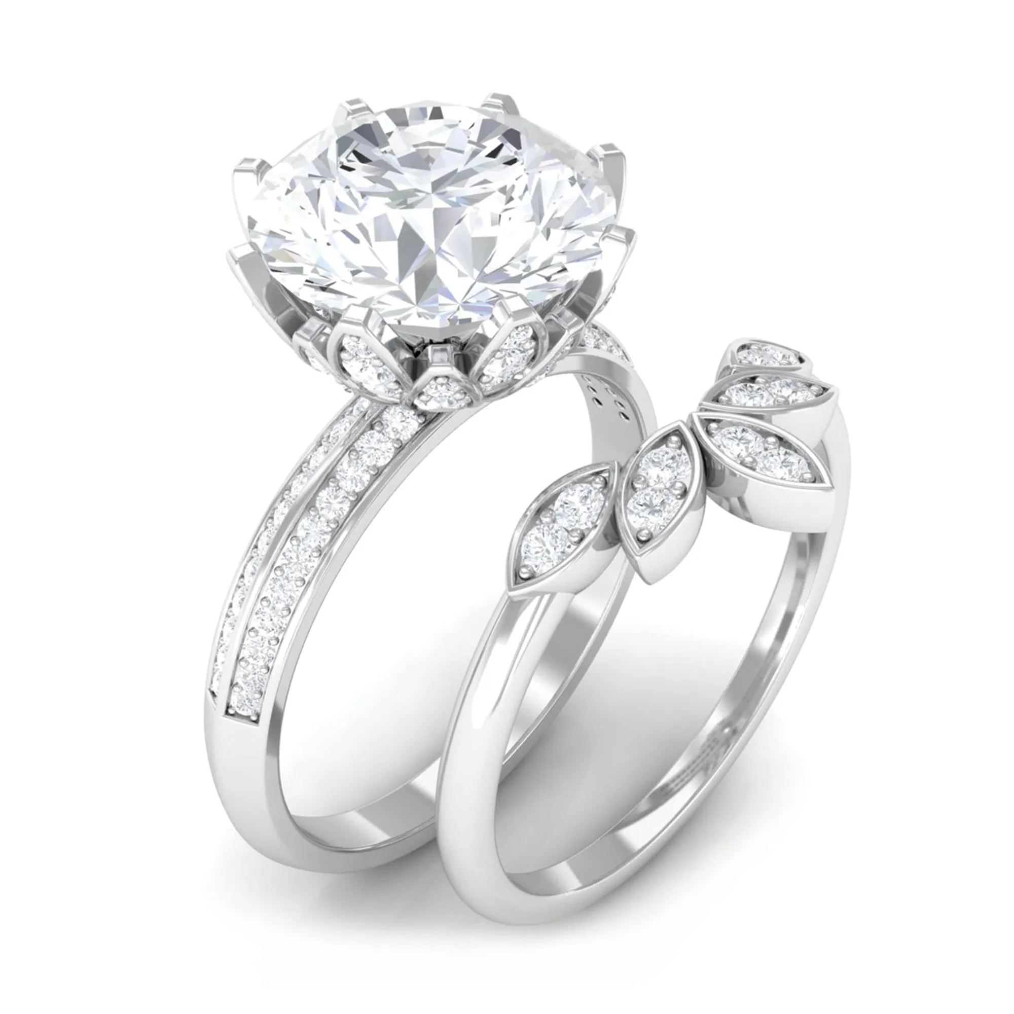 Floral Inspired Certified Moissanite Solitaire Engagement Ring Set